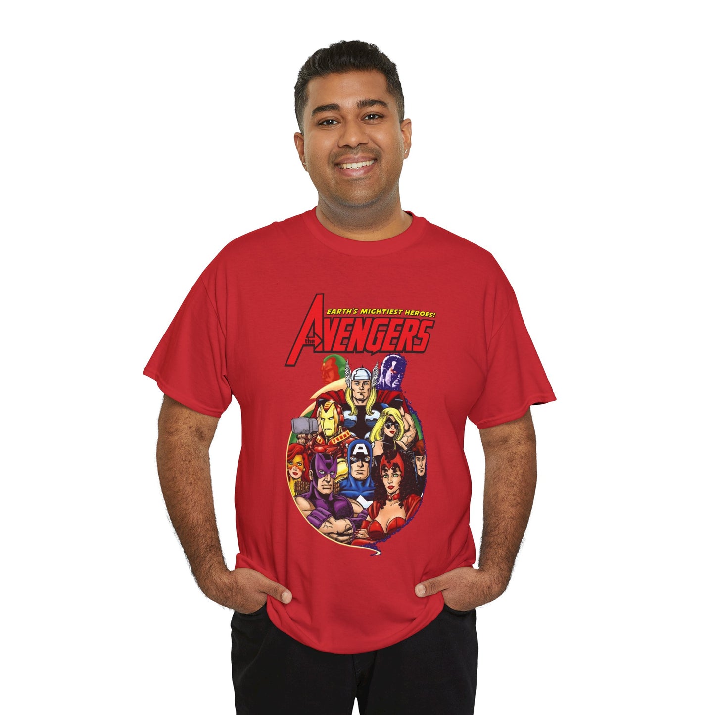 Avengers T-Shirt - George Perez Art - Captain America, Vision, Wonder Man, Iron Man, Thor, Hawkeye, Scarlet Witch - Popular Marvel Comics Characters