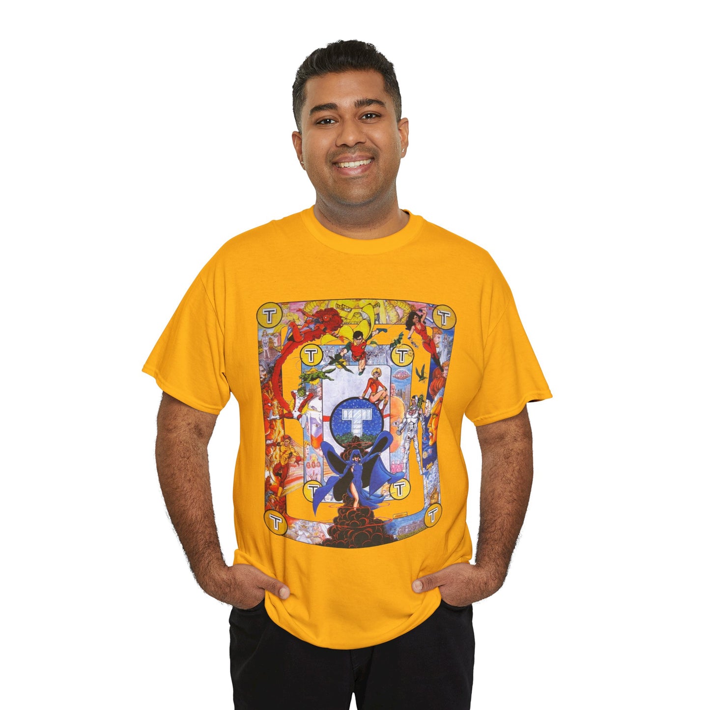 New Teen Titans Poster T-Shirt - George Perez Art - Cyborg, Raven, Robin, Terra, Wonder Girl, Changeling, Kid Flash, Deathstroke, Blackfire - DC Comics