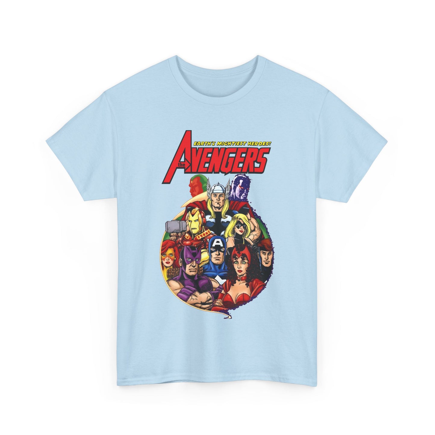 Avengers T-Shirt - George Perez Art - Captain America, Vision, Wonder Man, Iron Man, Thor, Hawkeye, Scarlet Witch - Popular Marvel Comics Characters