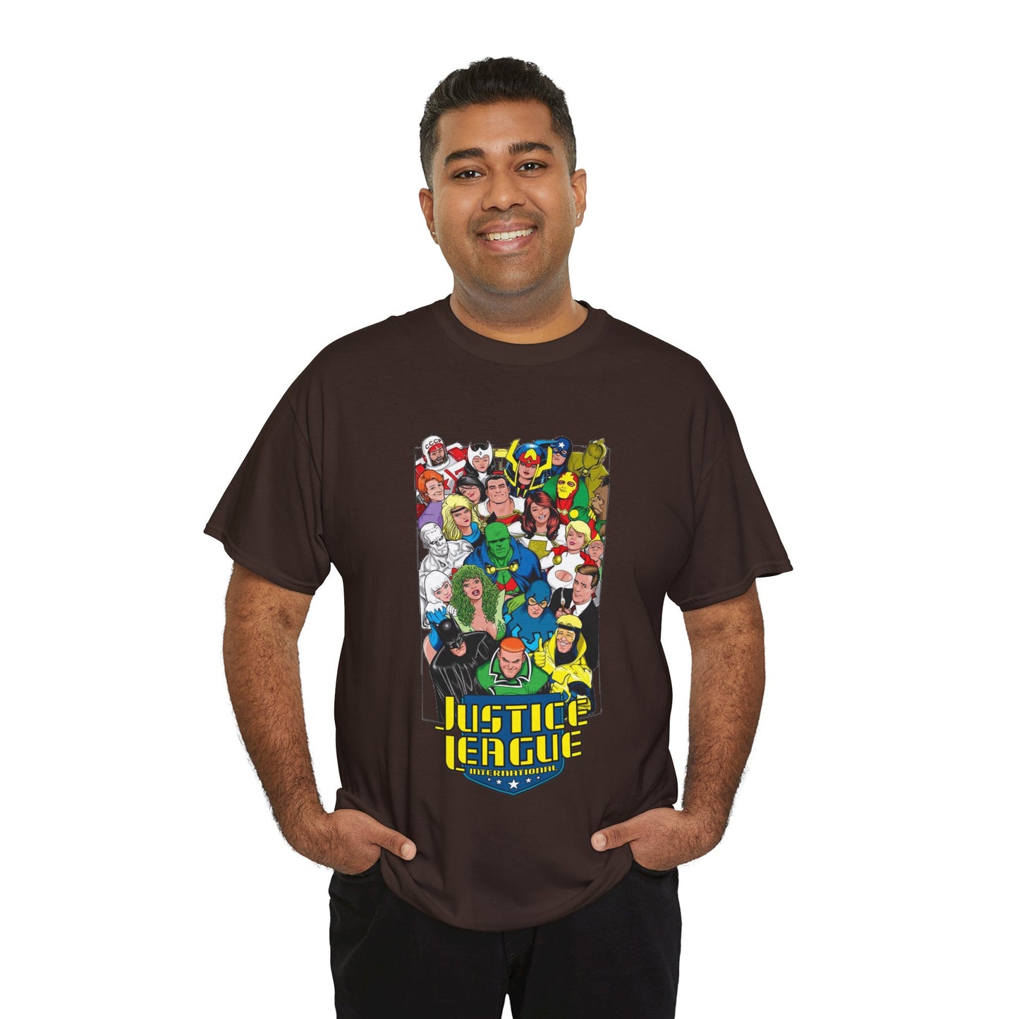 Justice League International T-Shirt - DC Comics - JLI - Kevin Maguire Art - Blue Beetle, Booster Gold, Martian Manhunter, Captain Atom