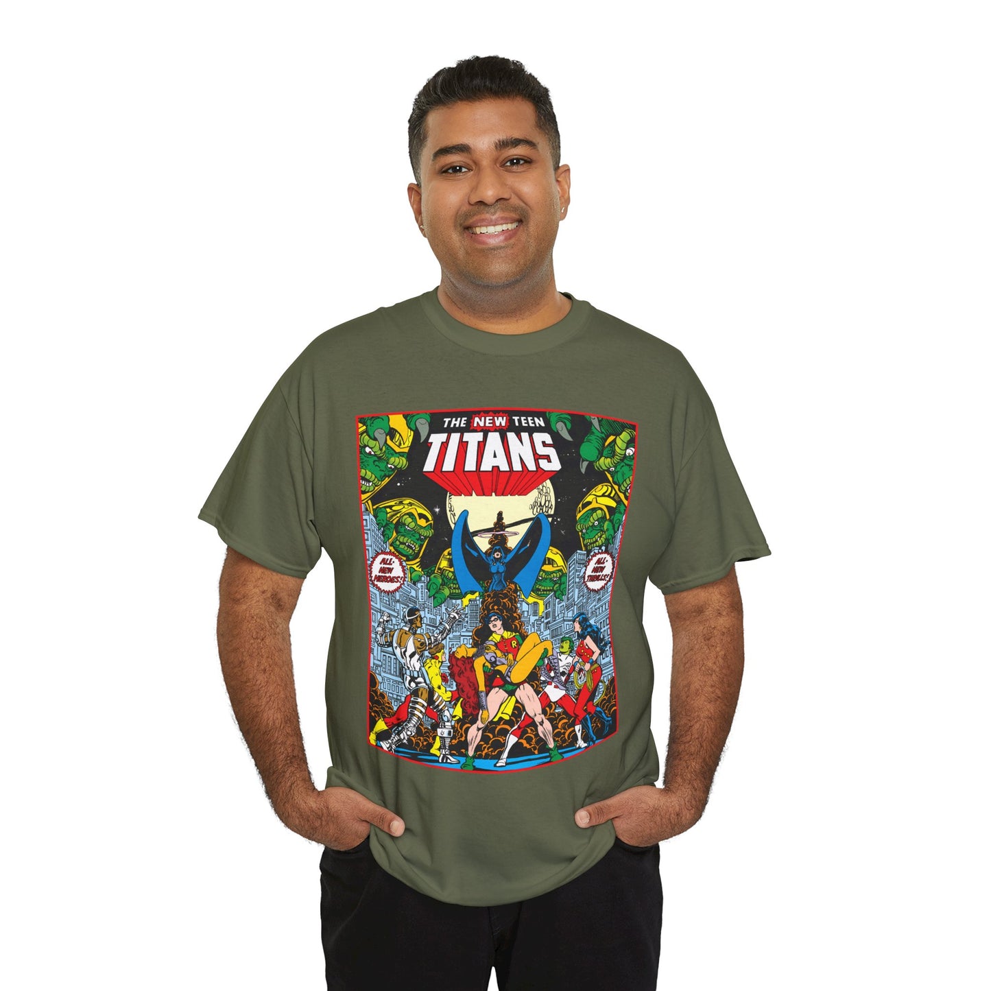 New Teen Titans T-Shirt - George Perez Art - #1 Splash Page - Robin, Starfire, Wonder Girl, Cyborg, Raven, Changeling, Kid Flash - DC Comics