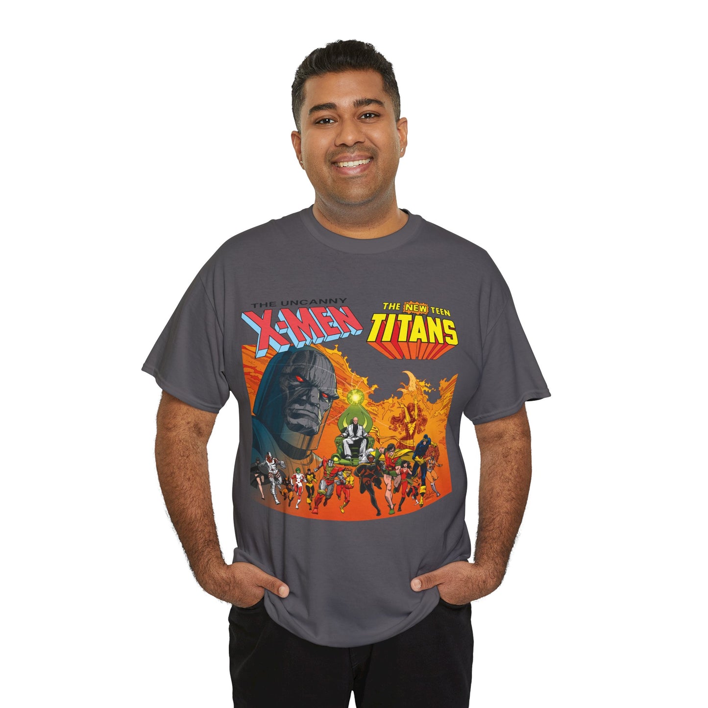 X-Men & New Teen Titans T-Shirt - Walt Simonson Art - Marvel & DC Comics Crossover - Wolverine, Raven, Storm, Cyclops, Robin, Cyborg, Colossus, Dark Phoenix, Darkseid