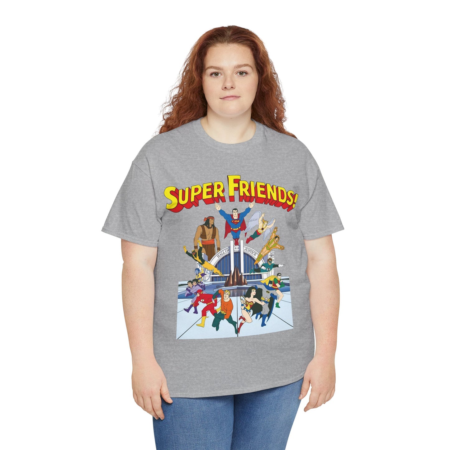 Super Friends T-Shirt - DC Hanna-Barbera - Superman, Wonder Woman, Black Vulcan, Batman, The Wonder Twins, Apache Chief, Hall of Justice