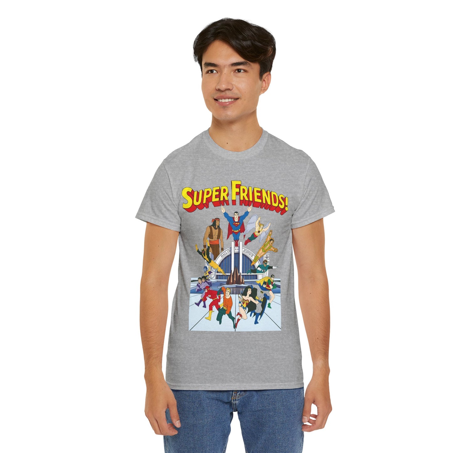 Super Friends T-Shirt - DC Hanna-Barbera - Superman, Wonder Woman, Black Vulcan, Batman, The Wonder Twins, Apache Chief, Hall of Justice
