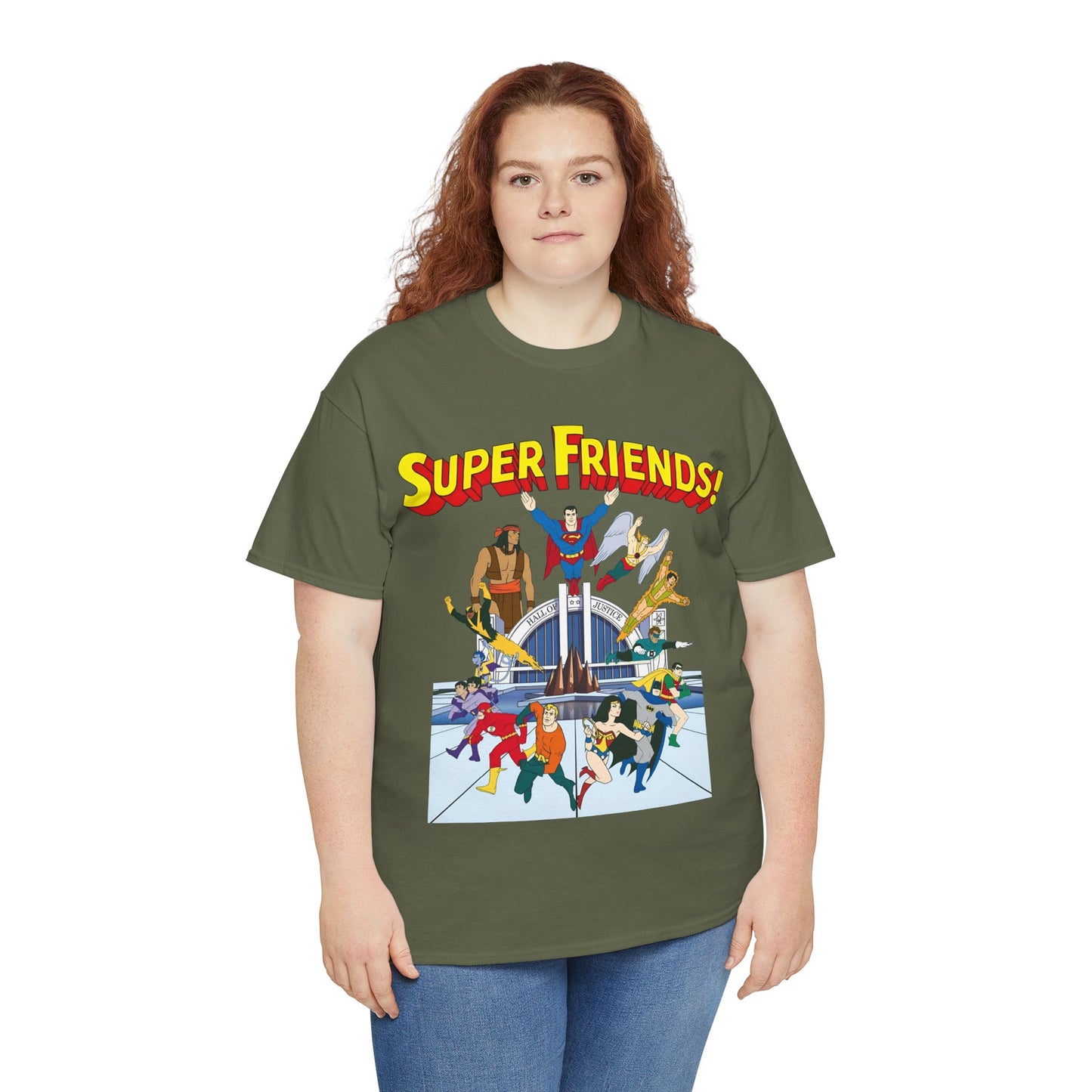 Super Friends T-Shirt - DC Hanna-Barbera - Superman, Wonder Woman, Black Vulcan, Batman, The Wonder Twins, Apache Chief, Hall of Justice