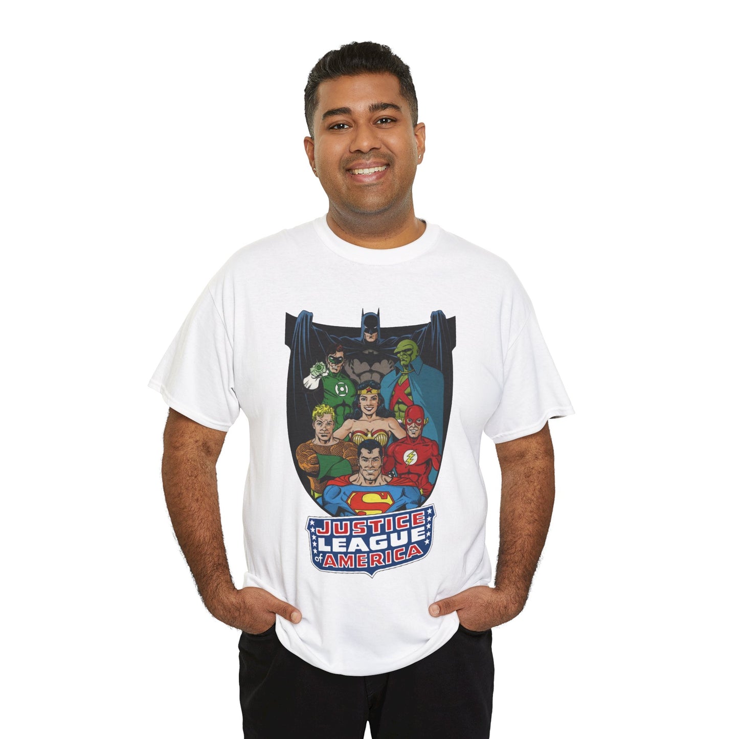 Justice League of America T-Shirt - George Perez Art - Superman, Wonder Woman, Batman, Aquaman, Martian Manhunter, Flash, Green Lantern - DC Comics