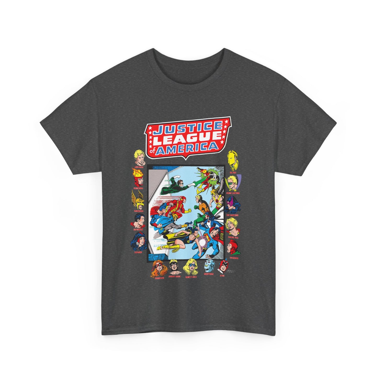 JLA & JSA T-Shirt - George Perez Art - All-Star Squadron - Firestorm, Huntress, Starman, Zatanna, Liberty Belle, Superman, Robotman, Firebrand, Dr Fate - DC Comics