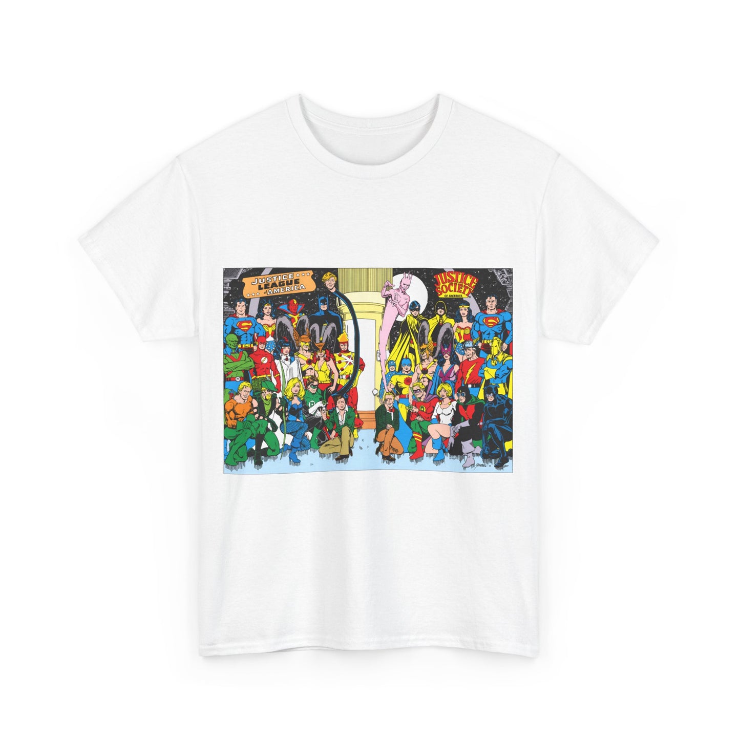 JLA & JSA T-Shirt - George Perez Art - Justice League, Society Team-up - Batman, Wildcat, Dr Fate, Hourman, Firestorm, Superman