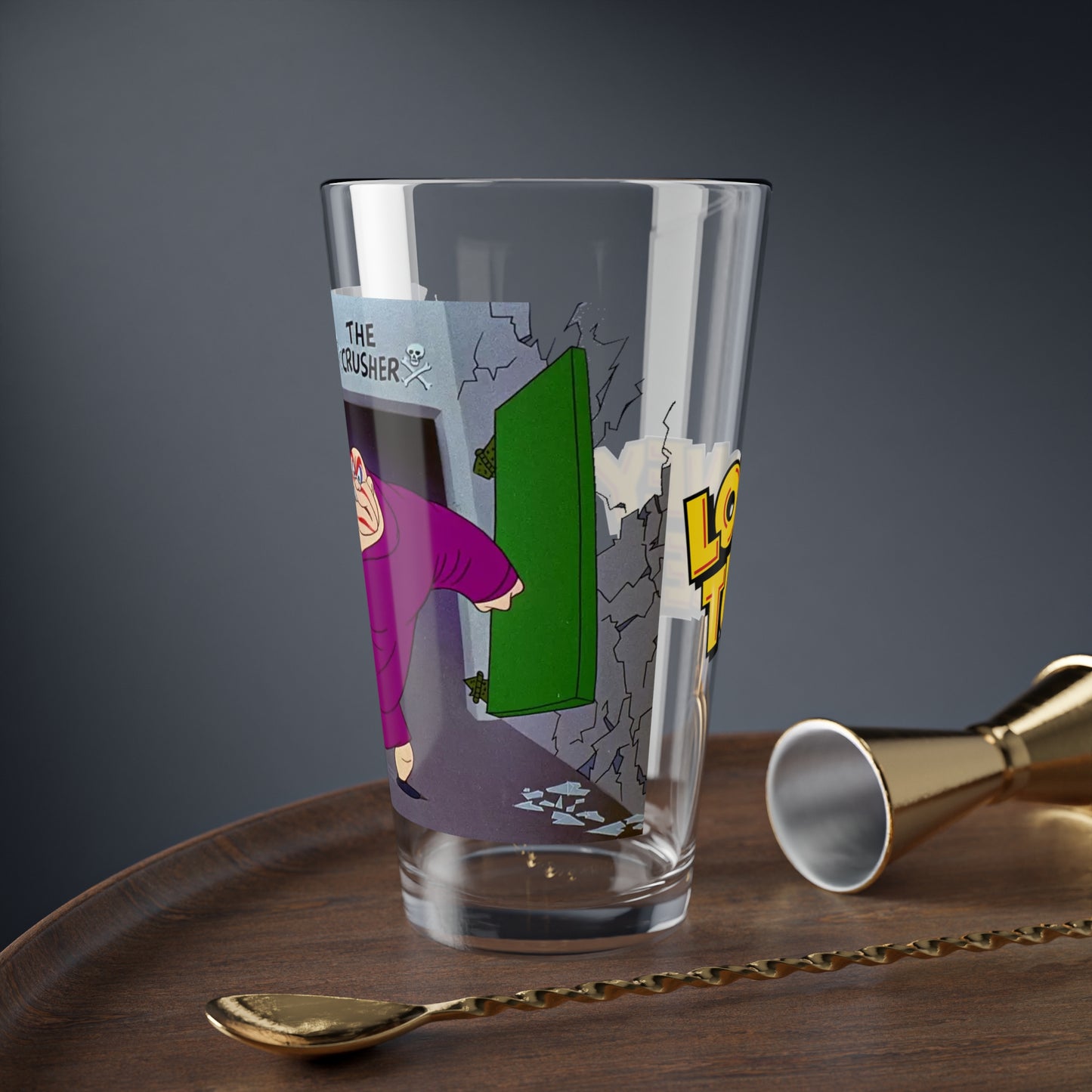 The Crusher Pint Glass, 16oz - Looney Tunes Art - Bunny Hugged - Wrestling Cartoon - Bugs Bunny Foe