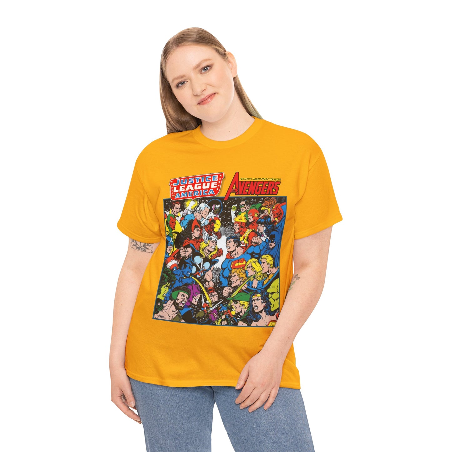 Justice League/Avengers T-Shirt - DC & Marvel Comics Art - George Perez - JLA - Batman, Captain America, Iron Man, Green Lantern