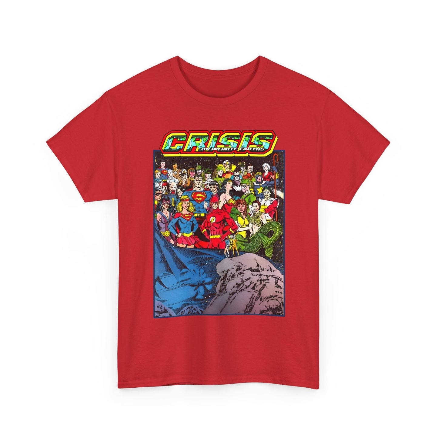 Crisis on Infinite Earths T-Shirt - George Perez Art - Supergirl, Flash, Huntress, Starman, Earth 3 Luthor, Lori Lemaris, Aquagirl, Earth 2 Robin - DC Comics