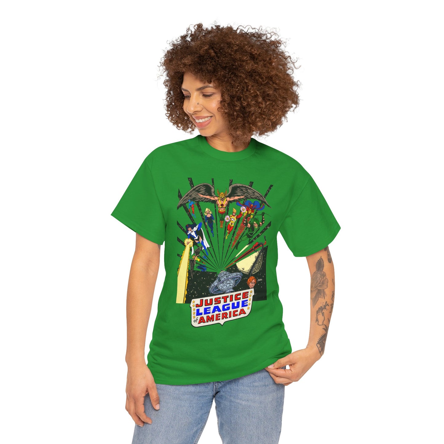 Justice League of America T-Shirt - George Perez Art - Bronze Age Satellite Era - DC Comics - Hawkman, Zatanna, Atom, Firestorm, Elongated Man, Green Arrow