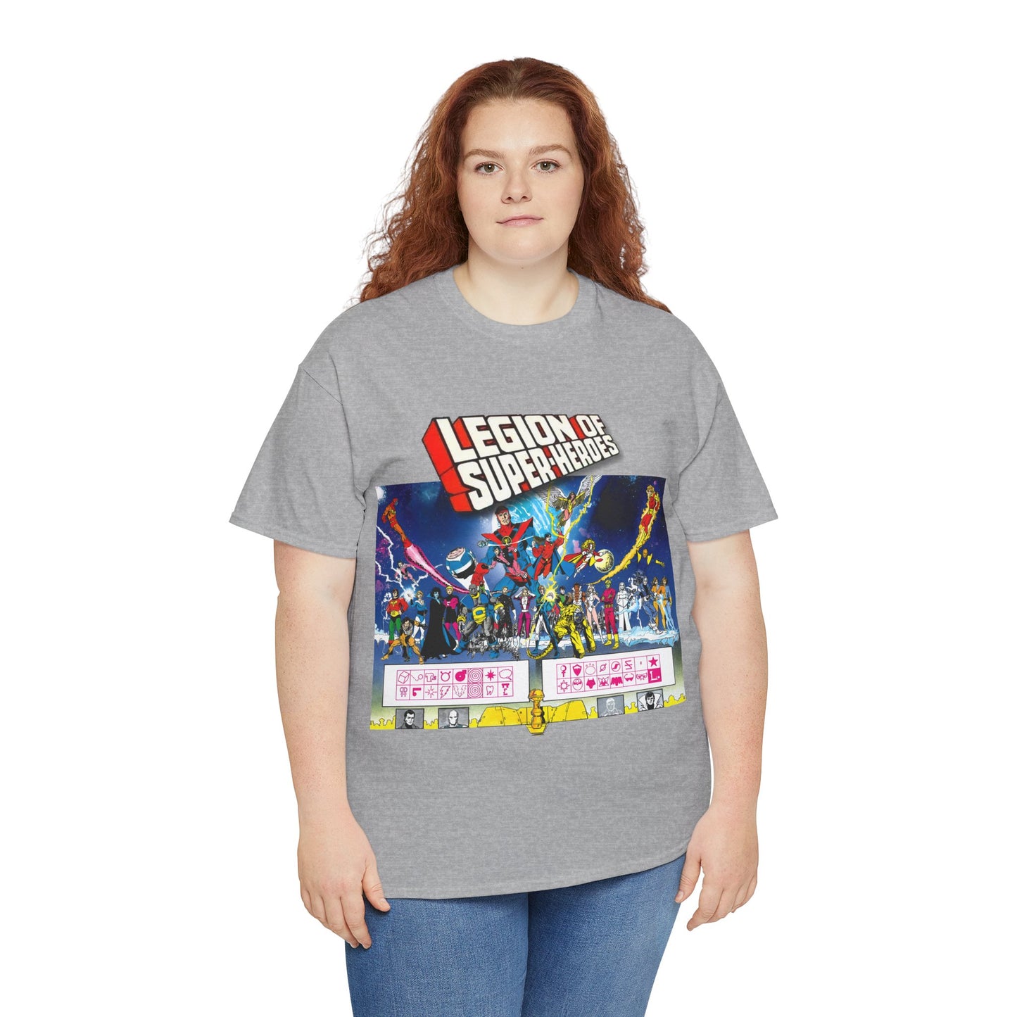 Legion of Super-Heroes T-Shirt - Gorgeous George Perez Art - History of the DC Universe - Lightning Lad, Timber Wolf, Wildfire, Sun Boy, Chamelon Boy - DC Comics