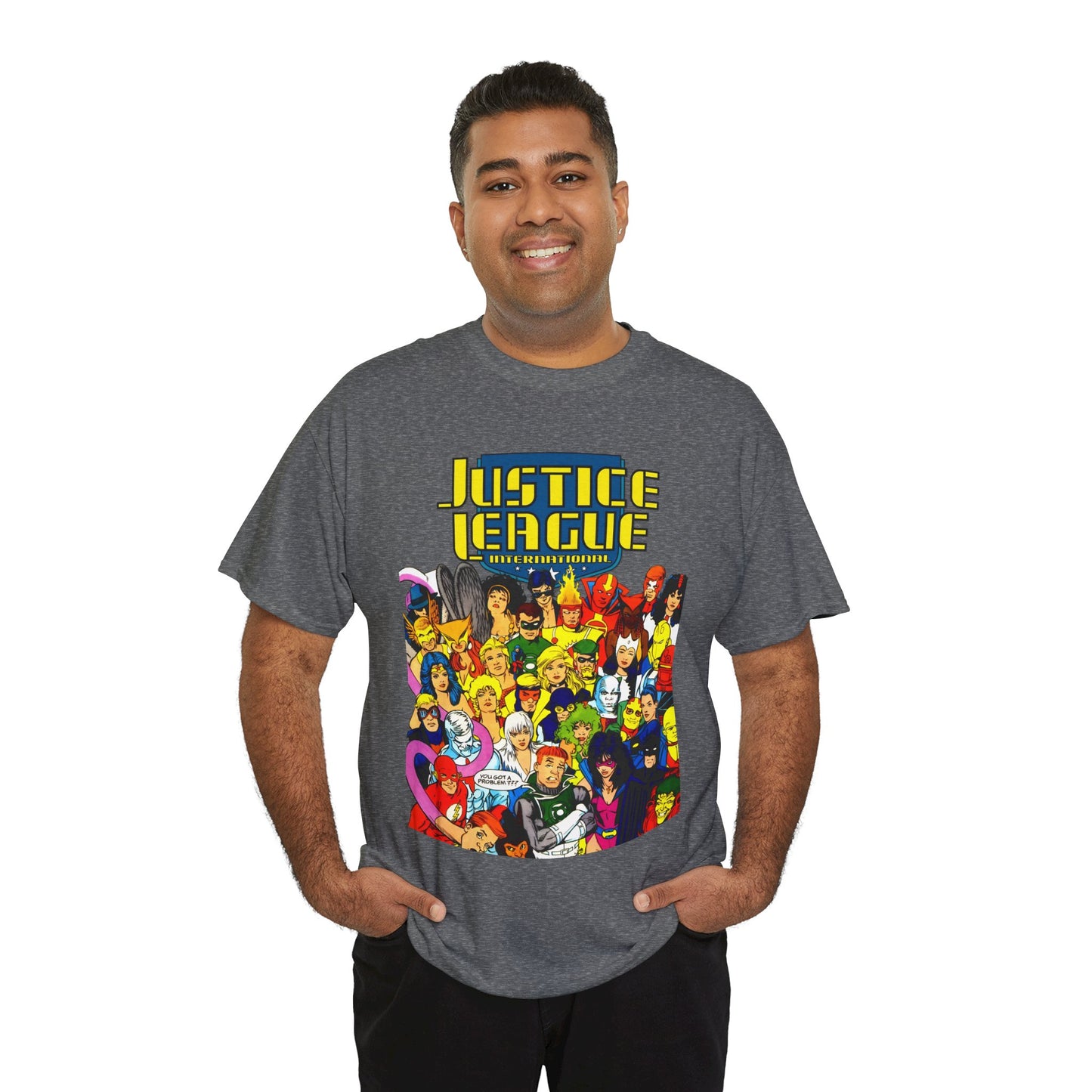 Justice League International T-Shirt - Kevin Maguire DC Comics Sourcebook Art - Booster Gold, Blue Beetle, Batman, Martian Manhunter, Captain Atom, Fire, Ice, Guy Gardner