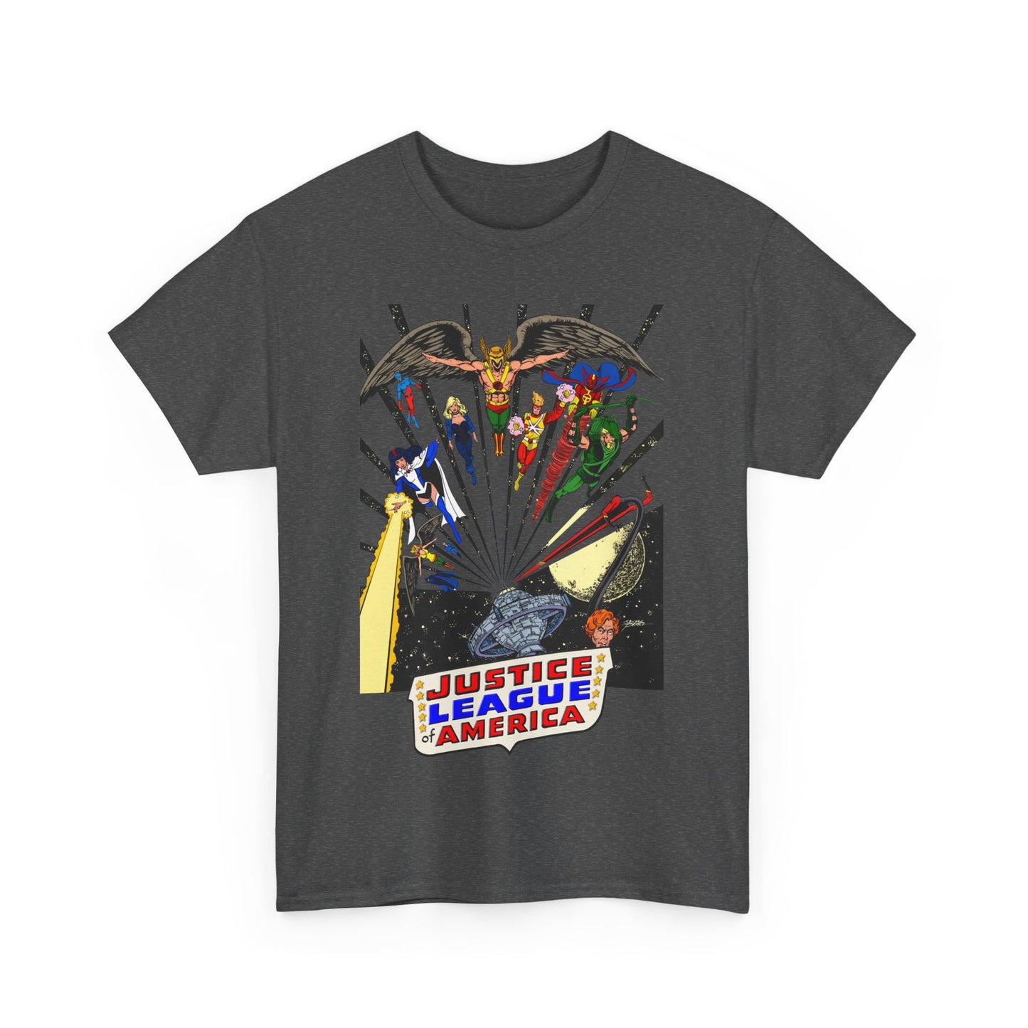 Justice League of America T-Shirt - George Perez Art - Bronze Age Satellite Era - DC Comics - Hawkman, Zatanna, Atom, Firestorm, Elongated Man, Green Arrow