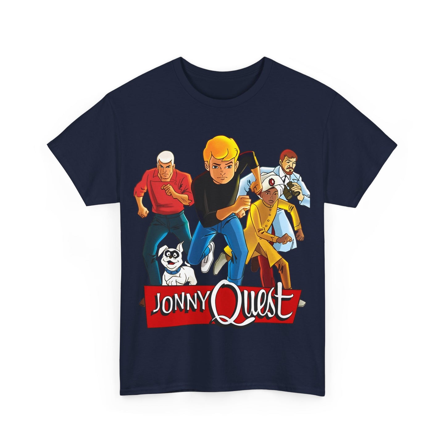 Jonny Quest T-Shirt - Popular Hanna-Barbera Cartoon Characters from the 1960s Adventure TV Show - Dr Benton, Hadji, Race Bannon, Bandit the Dog