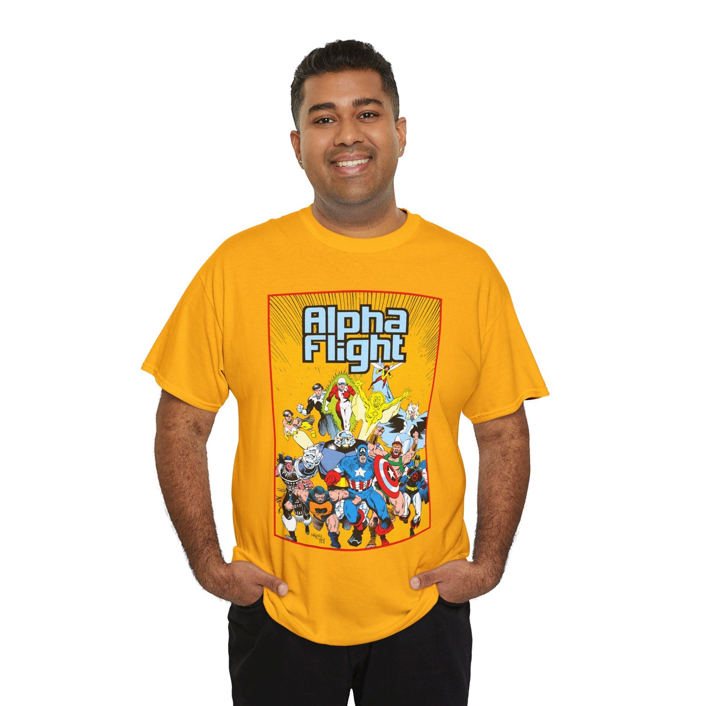 Alpha Flight T-Shirt - Mike Mignola Art - Northstar, Aurora, Snowbird, Shaman, Puck - Avengers: Captain America, Captain Marvel, Hercules, Black Knight - Marvel Comics