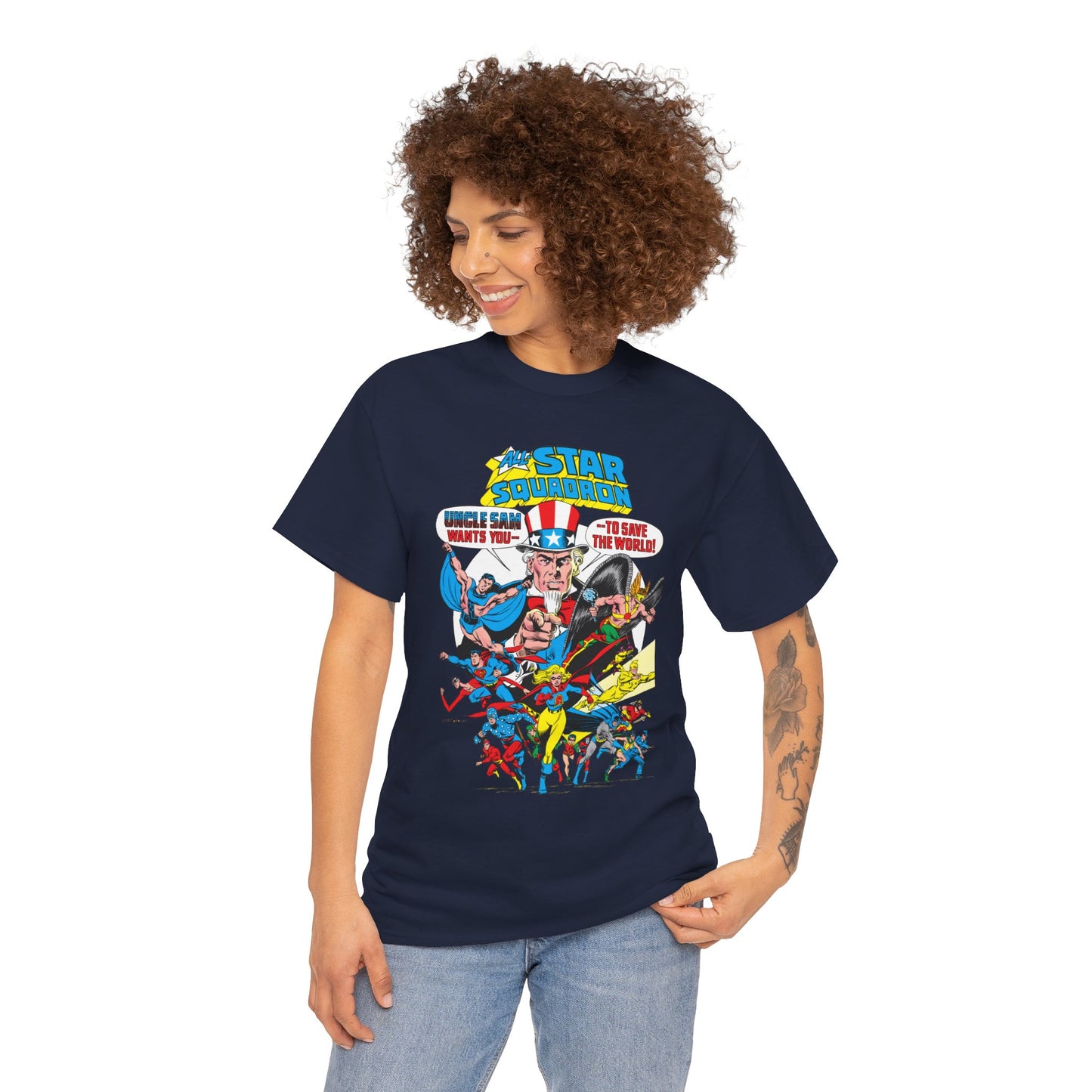 All-Star Squadron T-Shirt - Jerry Ordway Art - Uncle Sam, Hawkman, Superman, Liberty Belle, Black Condor, the Ray, Batman, Plastic Man - JSA Link - DC Comics