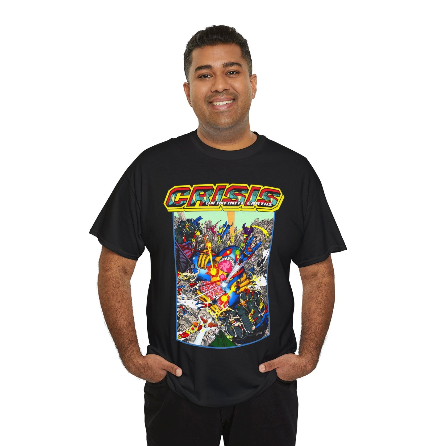 Crisis on Infinite Earths T-Shirt - George Perez Art - Superman, Firestorm, Captain Atom, Wonder Woman, Martian Manhunter Vs The Anti-Monitor - #12 Cover - DC Comics