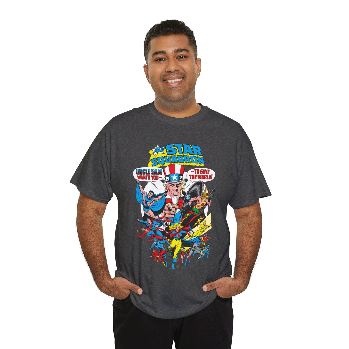 All-Star Squadron T-Shirt - Jerry Ordway Art - Uncle Sam, Hawkman, Superman, Liberty Belle, Black Condor, the Ray, Batman, Plastic Man - JSA Link - DC Comics
