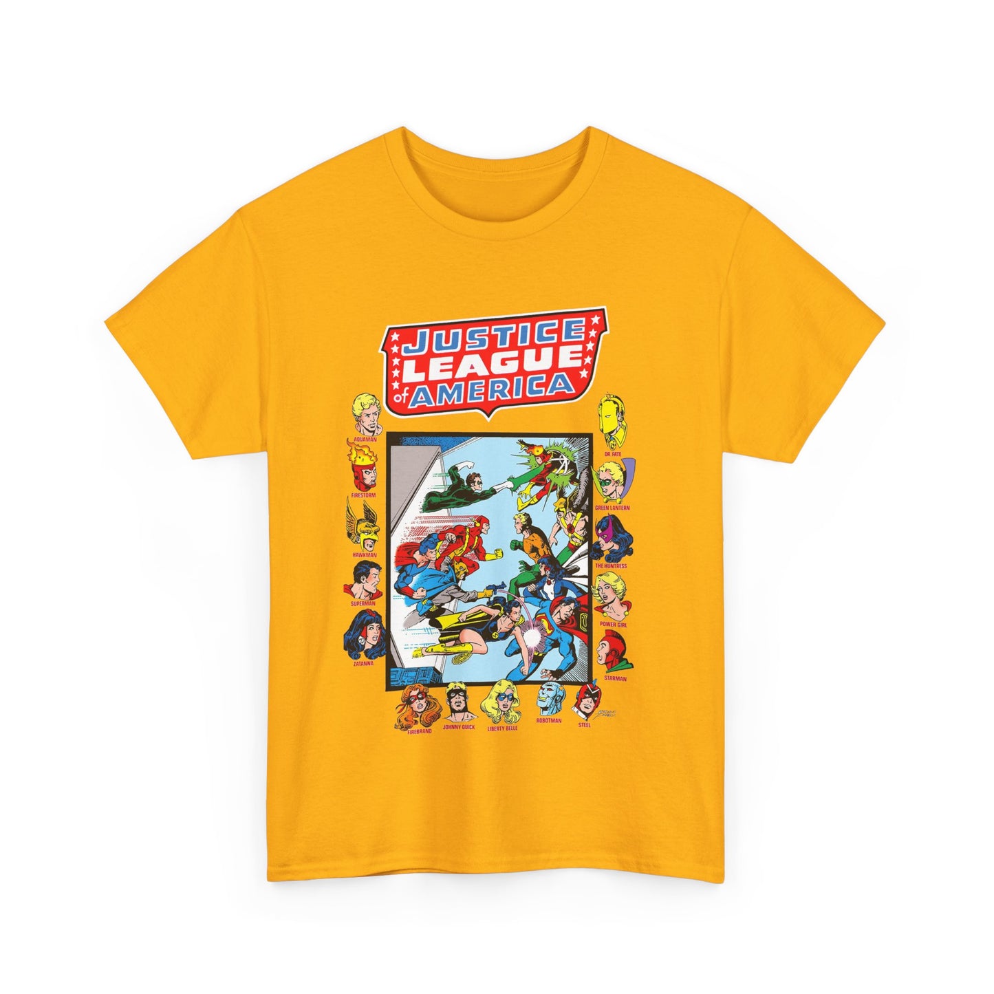 JLA & JSA T-Shirt - George Perez Art - All-Star Squadron - Firestorm, Huntress, Starman, Zatanna, Liberty Belle, Superman, Robotman, Firebrand, Dr Fate - DC Comics