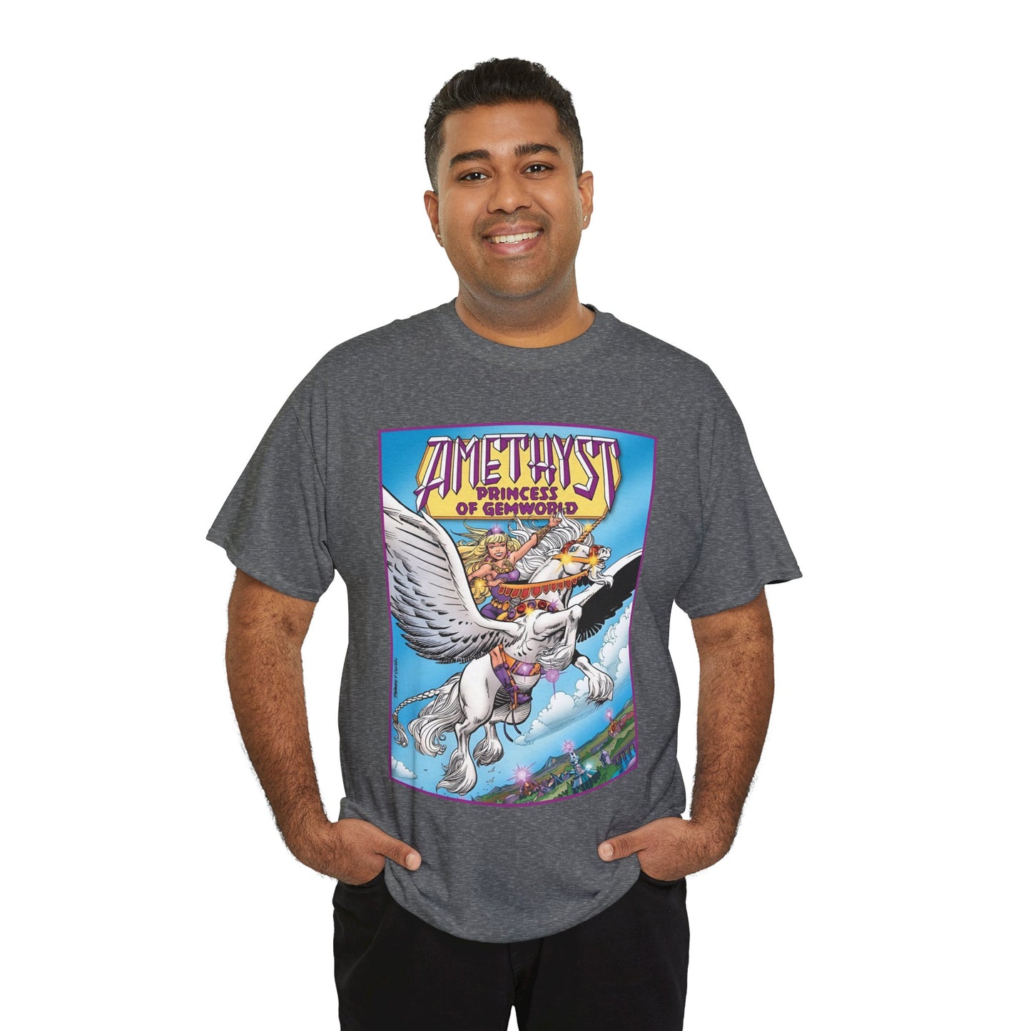 Amethyst Princess of Gemworld T-Shirt - George Perez Art - DC Comics 1980s Series - Riding a Unicorn
