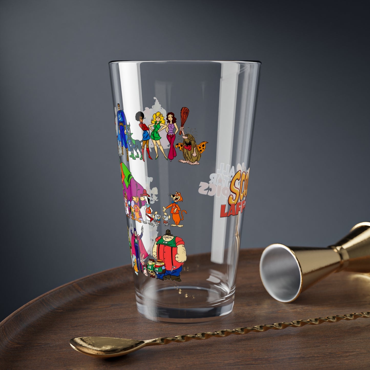 Scooby's All-Star Laff-A-Lympics Pint Glass, 16oz - 1970s Hanna-Barbera Cartoon - Speed Buggy, Yogi Bear, Grape Ape, Wally Gator, Huckleberry Hound, Captain Caveman