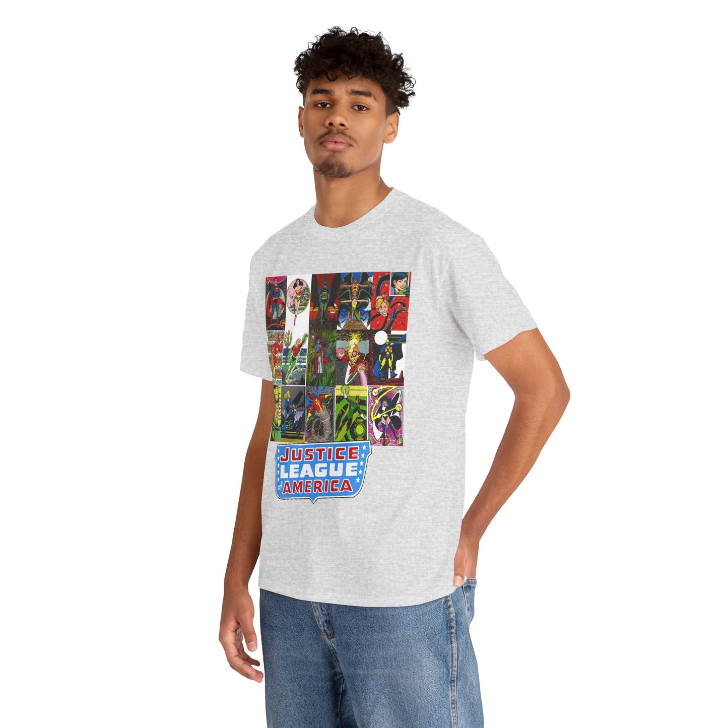 JLA Postcard T-Shirt - George Perez Art - Zatanna, Green Lantern, Flash, Batman, Hawkman, Wonder Woman, Firestorm - Justice League of America - DC Comics
