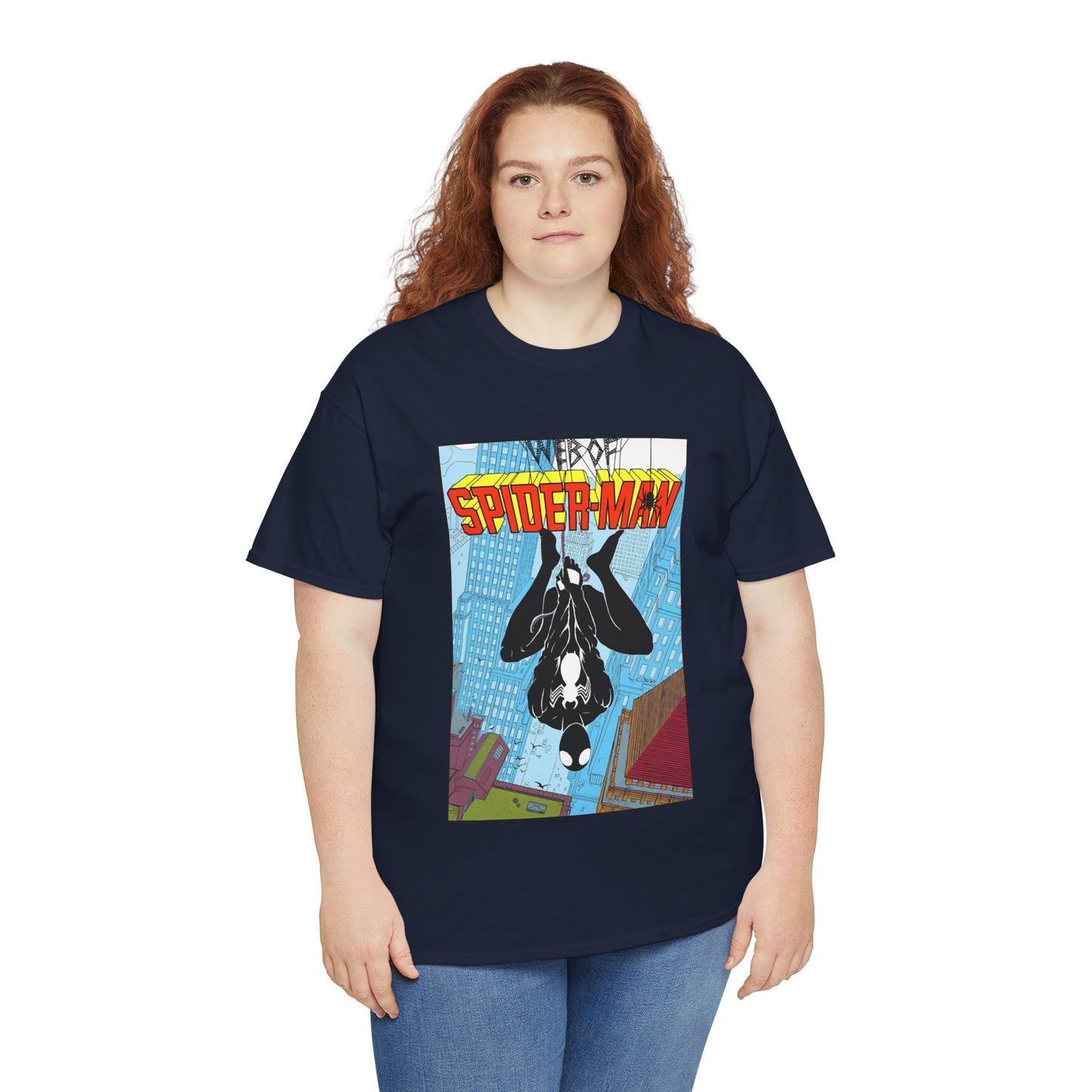 Web of Spider-Man T-Shirt - Charles Vess Art - Peter Parker, Web Slinger - Manhattan Skyline - Spidey Black Suit - Marvel Comics
