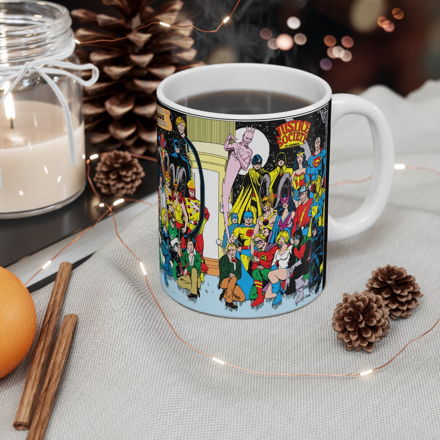 Justice League & Justice Society Coffee Mug, 11oz - Retro George Perez Art - Superman, Dr Fate, Hourman, Firestorm, Aquaman, Green Lantern