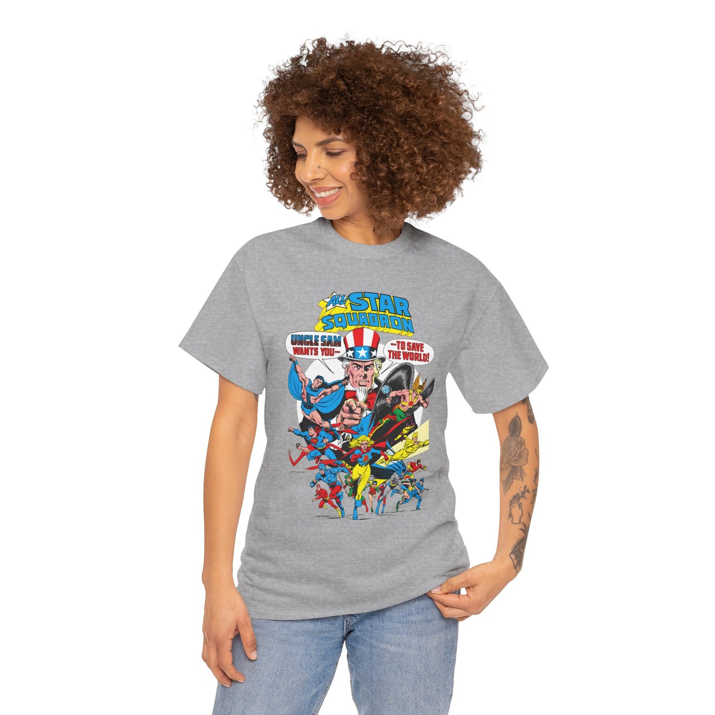 All-Star Squadron T-Shirt - Jerry Ordway Art - Uncle Sam, Hawkman, Superman, Liberty Belle, Black Condor, the Ray, Batman, Plastic Man - JSA Link - DC Comics
