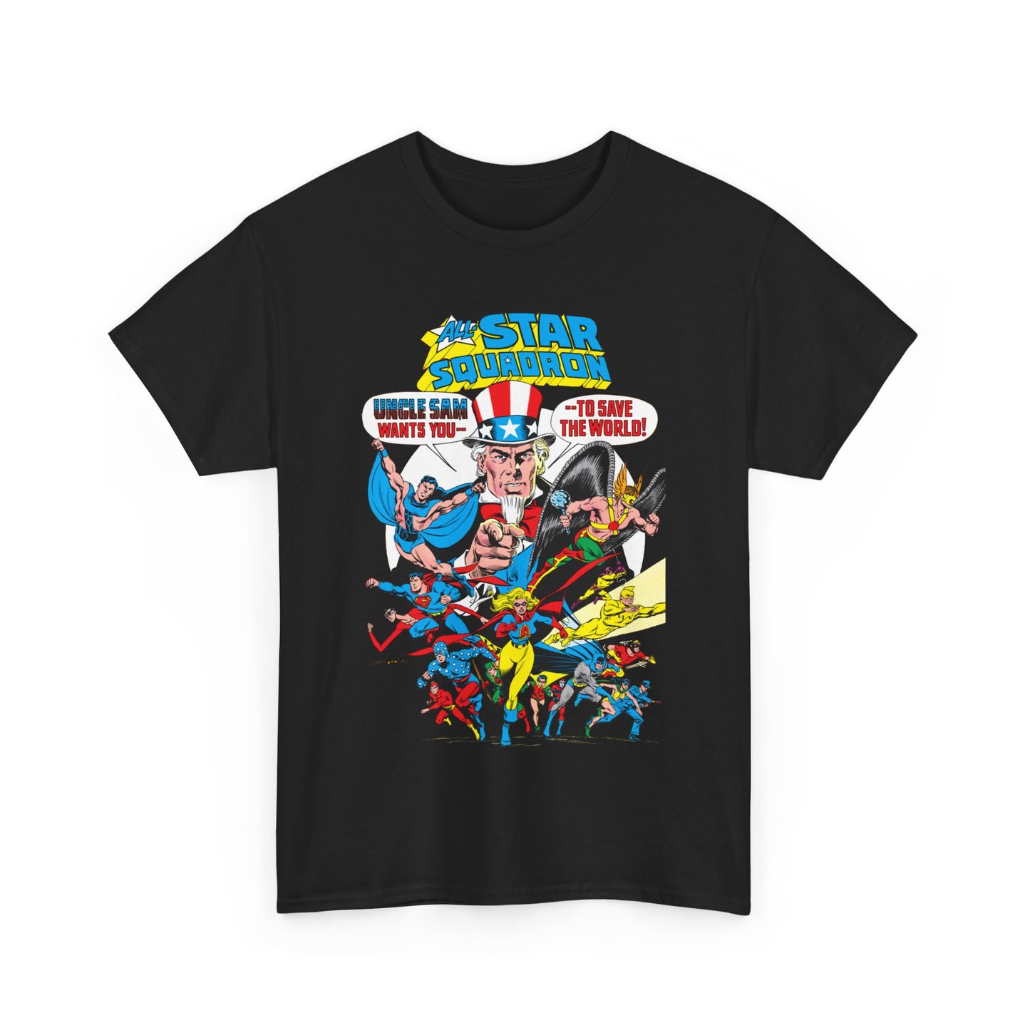 All-Star Squadron T-Shirt - Jerry Ordway Art - Uncle Sam, Hawkman, Superman, Liberty Belle, Black Condor, the Ray, Batman, Plastic Man - JSA Link - DC Comics