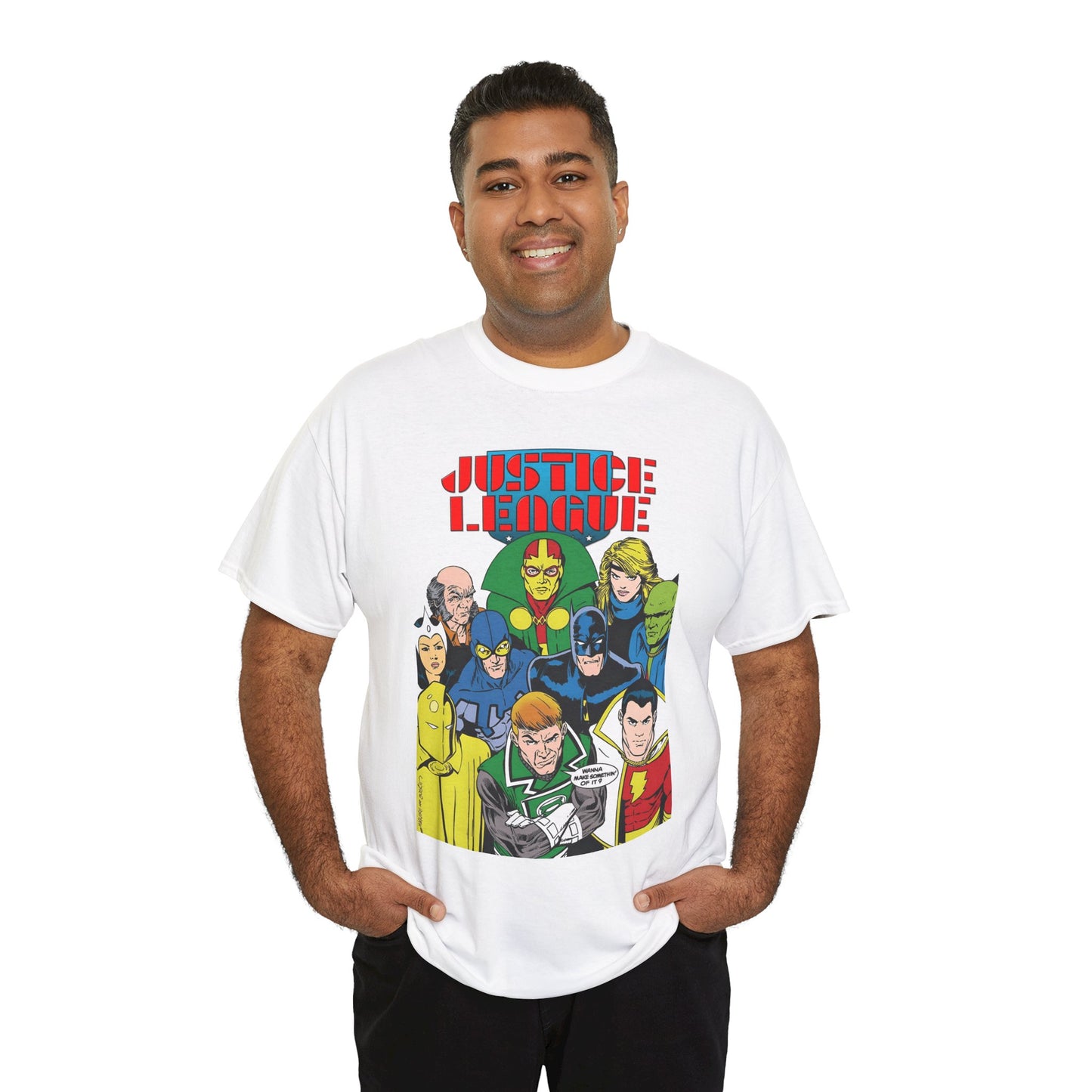 Justice League International T-Shirt - Kevin Maguire Art - JLI - DC Comics - Blue Beetle, Dr Fate, Batman, Mr Miracle, Martian Manhunter - Guy Gardner