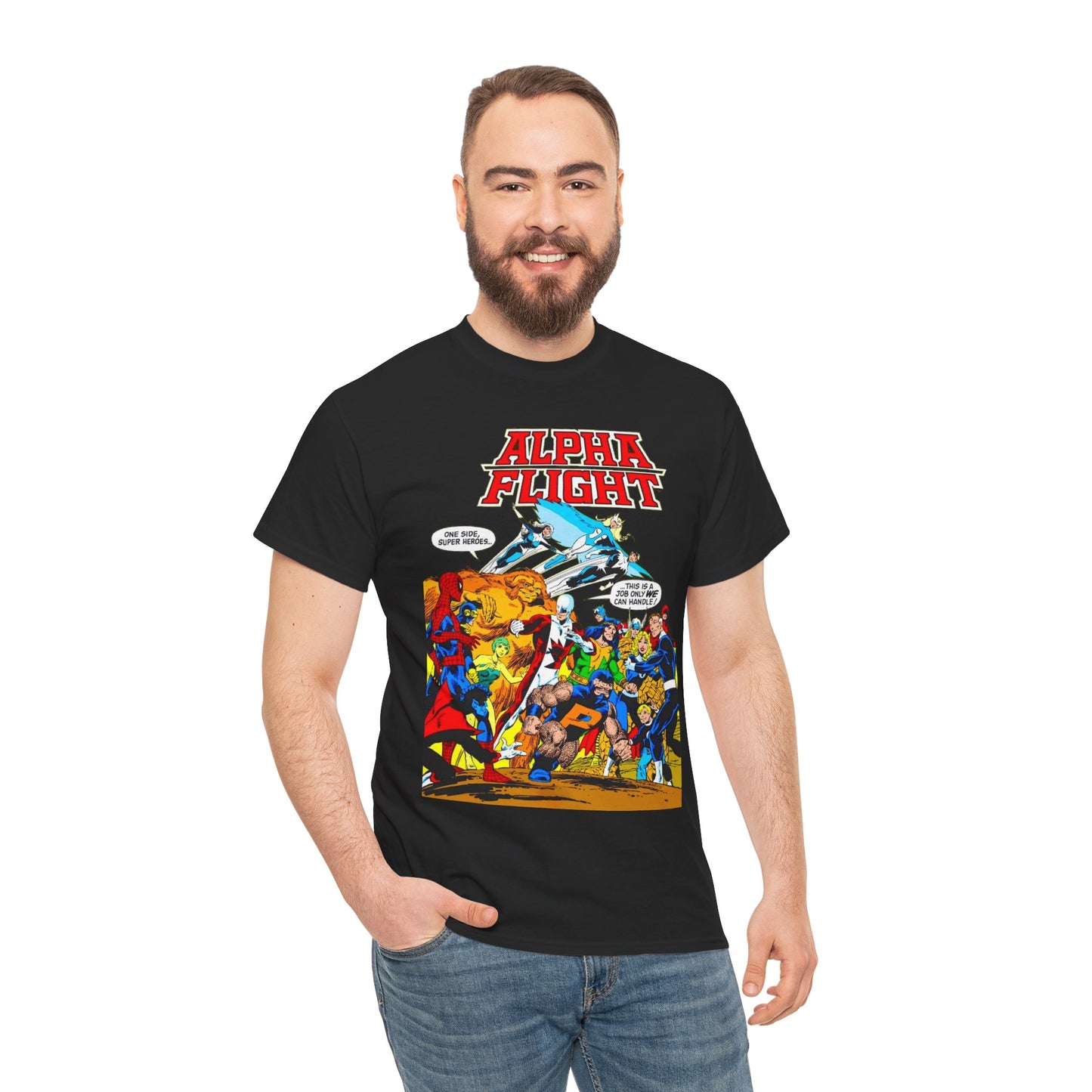 Alpha Flight T-Shirt - John Byrne Art - Sasquatch, Aurora, Northstar, Guardian, Puck, Shaman, Snowbird - Canada's Super Team - Marvel Comics