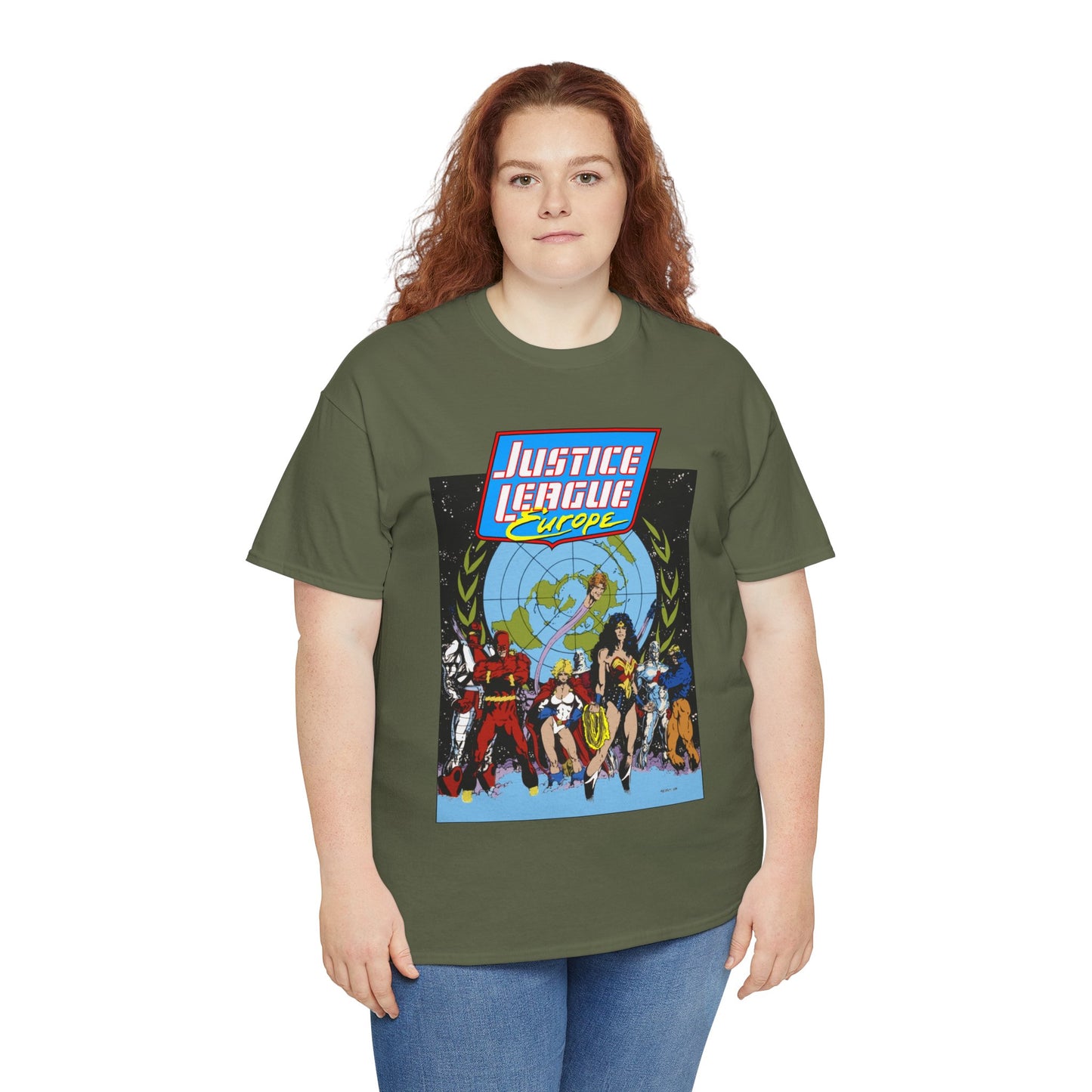 Justice League Europe T-Shirt - Bart Sears Art - Wonder Woman, Flash, Captain Atom, Animal Man, Elongated Man, Power Girl, Metamorpho - JLI Spin-Off - DC Comics
