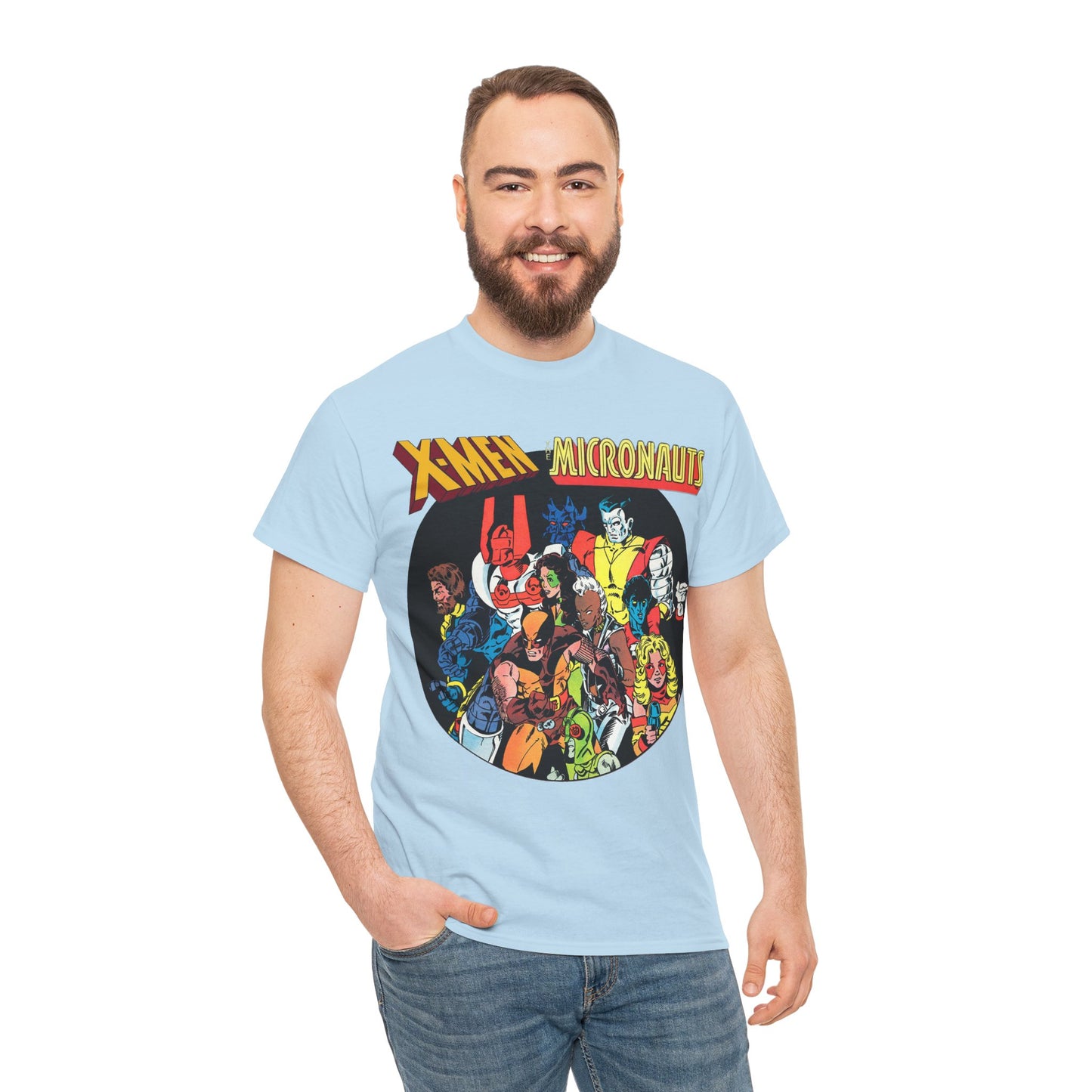 X-Men/Micronauts T-Shirt - Wolverine, Storm, Nightcrawler, Kitty Pryde, Colossus, Acroyear, Arcturus Rann, Marionette Bug - Marvel Comics - Popular 1980s Crossover Mini-Series