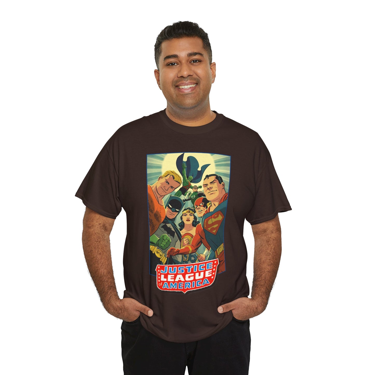 Justice League of America T-Shirt - Michael Cho Art - Superman, Flash, Wonder Woman, Green Lantern, Batman, Martian Manhunter - Silver Age Team - DC Comics