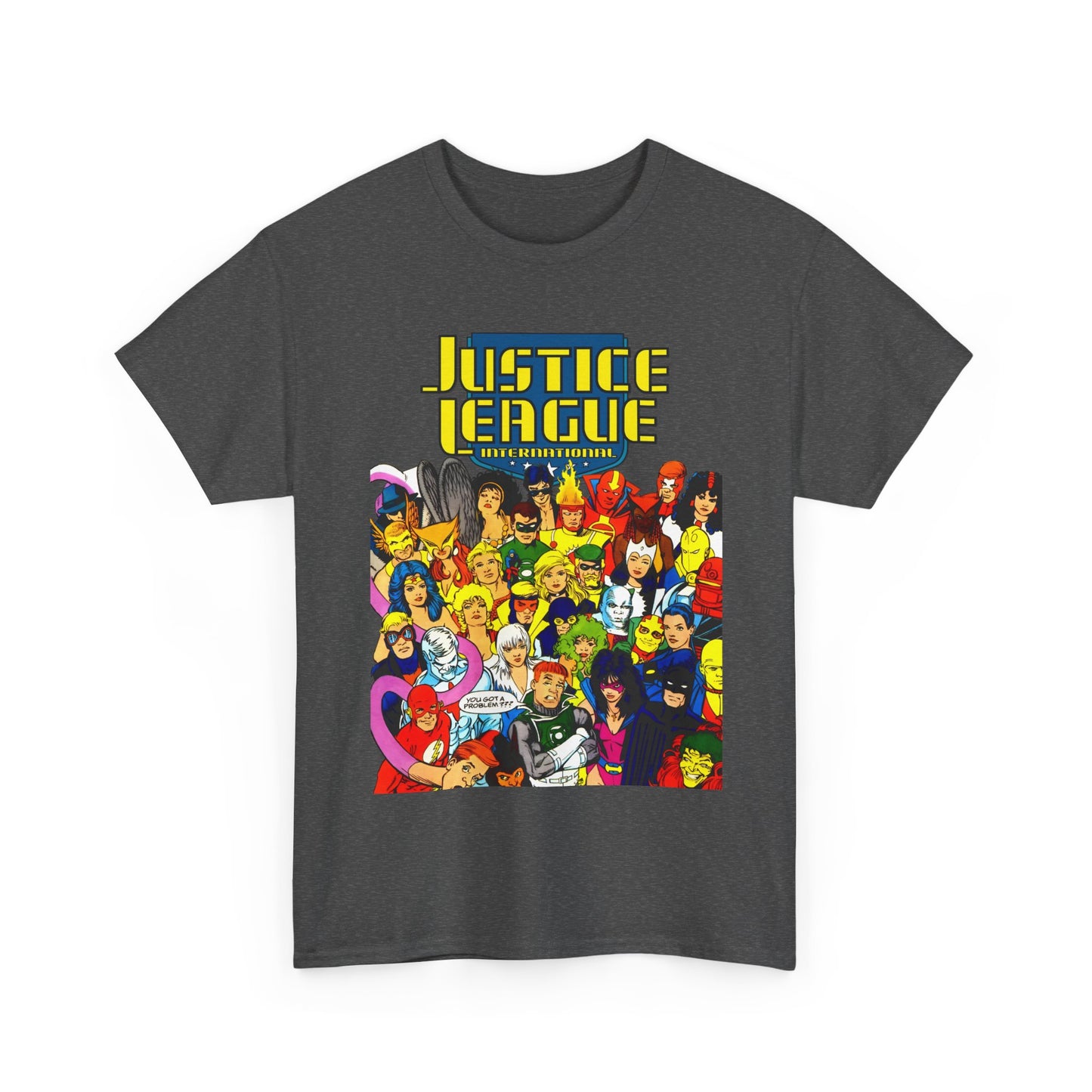 Justice League International T-Shirt - Kevin Maguire DC Comics Sourcebook Art - Booster Gold, Blue Beetle, Batman, Martian Manhunter, Captain Atom, Fire, Ice, Guy Gardner