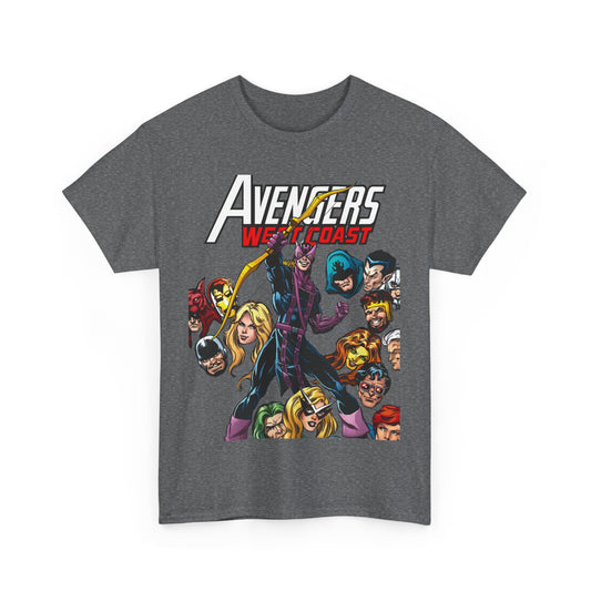 Avengers West Coast T-Shirt - Bob Hall Art - Hawkeye, Iron Man, Wonder Man, Tigra, Mockingbird - Marvel Comics Team