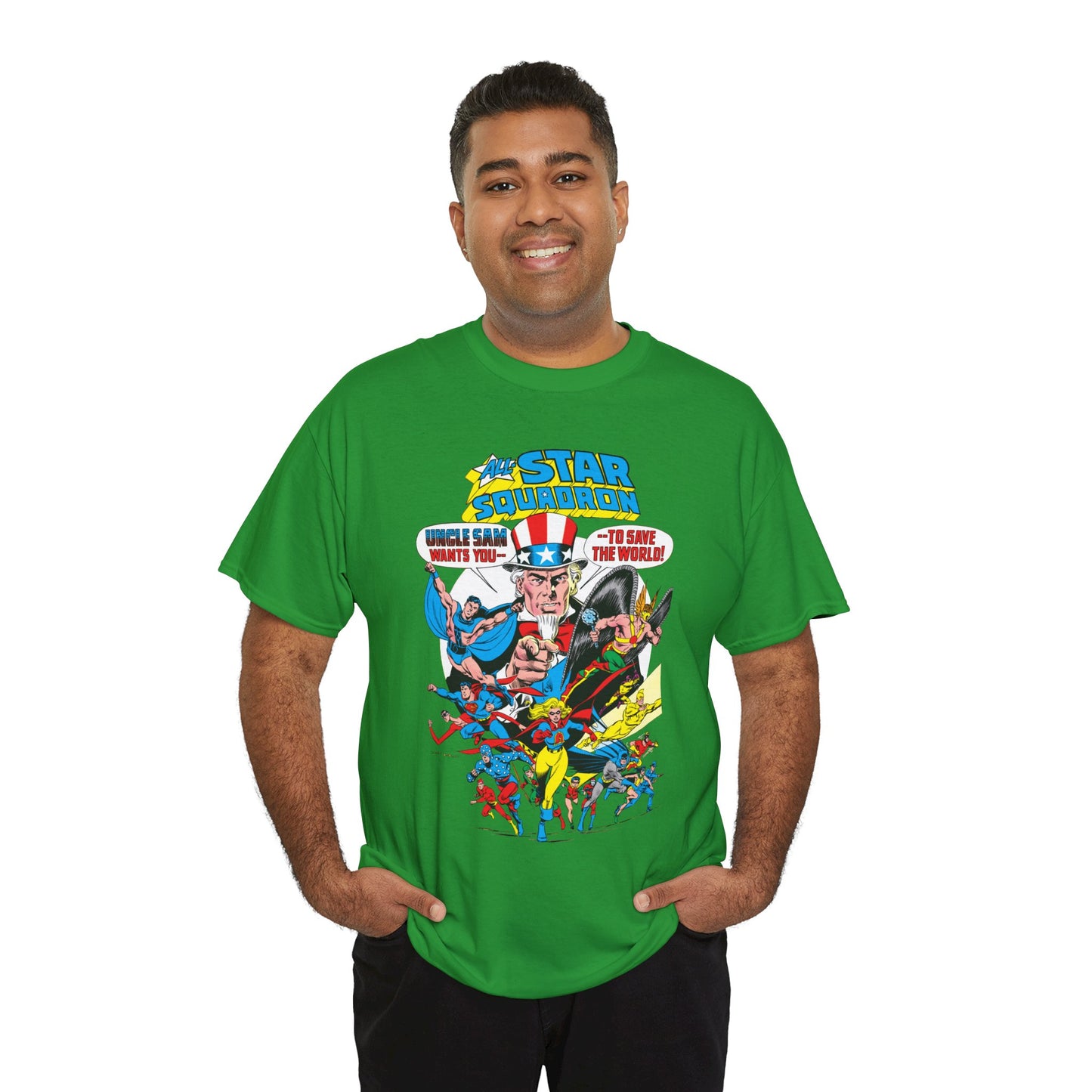 All-Star Squadron T-Shirt - Jerry Ordway Art - Uncle Sam, Hawkman, Superman, Liberty Belle, Black Condor, the Ray, Batman, Plastic Man - JSA Link - DC Comics