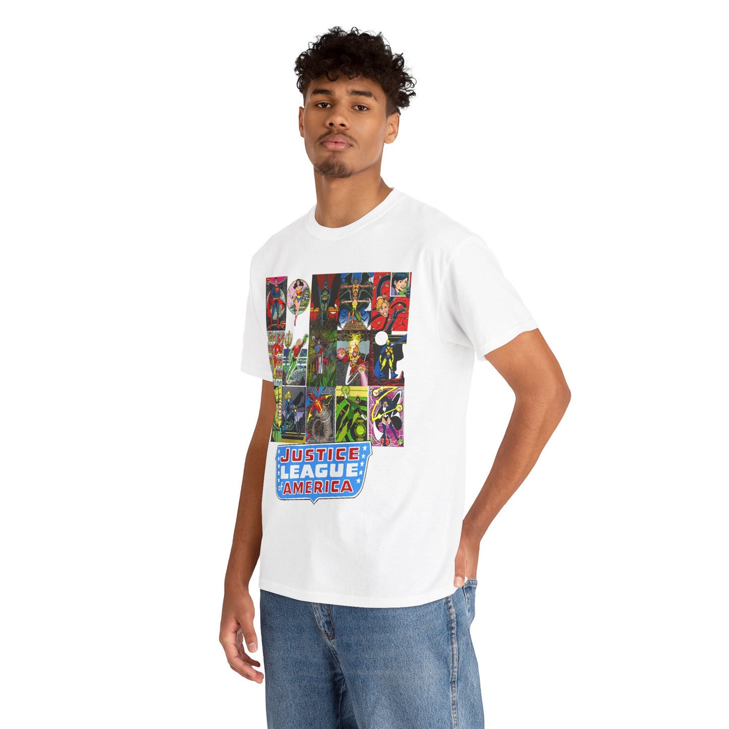 JLA Postcard T-Shirt - George Perez Art - Zatanna, Green Lantern, Flash, Batman, Hawkman, Wonder Woman, Firestorm - Justice League of America - DC Comics