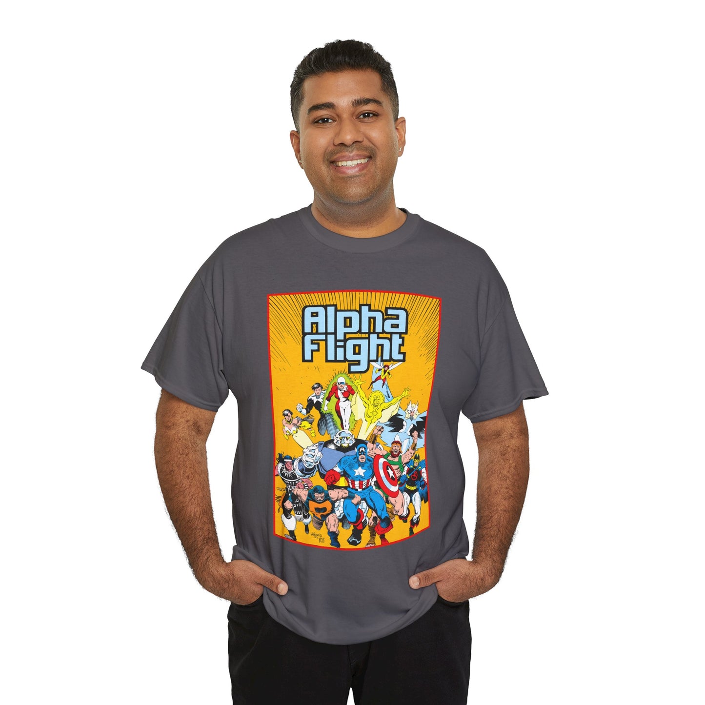 Alpha Flight T-Shirt - Mike Mignola Art - Northstar, Aurora, Snowbird, Shaman, Puck - Avengers: Captain America, Captain Marvel, Hercules, Black Knight - Marvel Comics