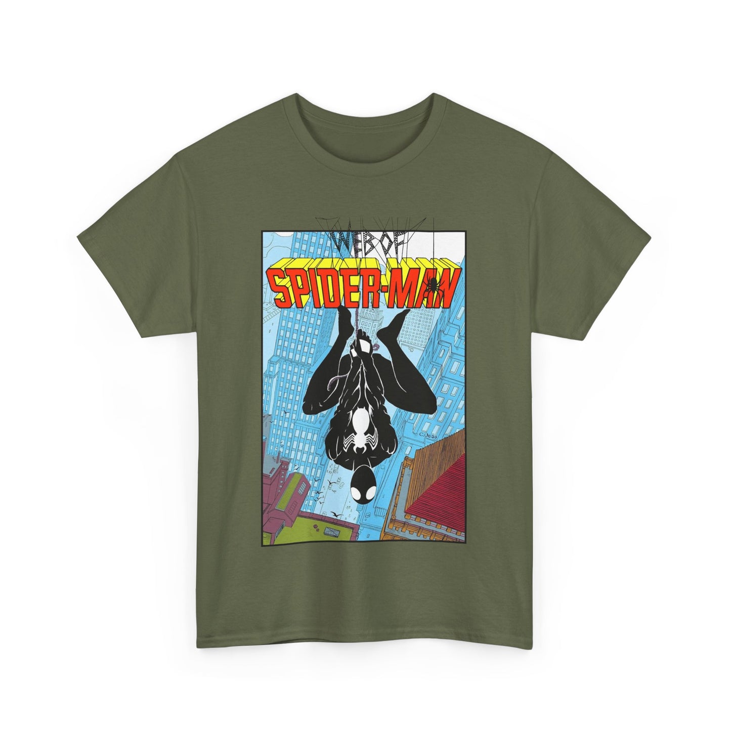 Web of Spider-Man T-Shirt - Charles Vess Art - Peter Parker, Web Slinger - Manhattan Skyline - Spidey Black Suit - Marvel Comics