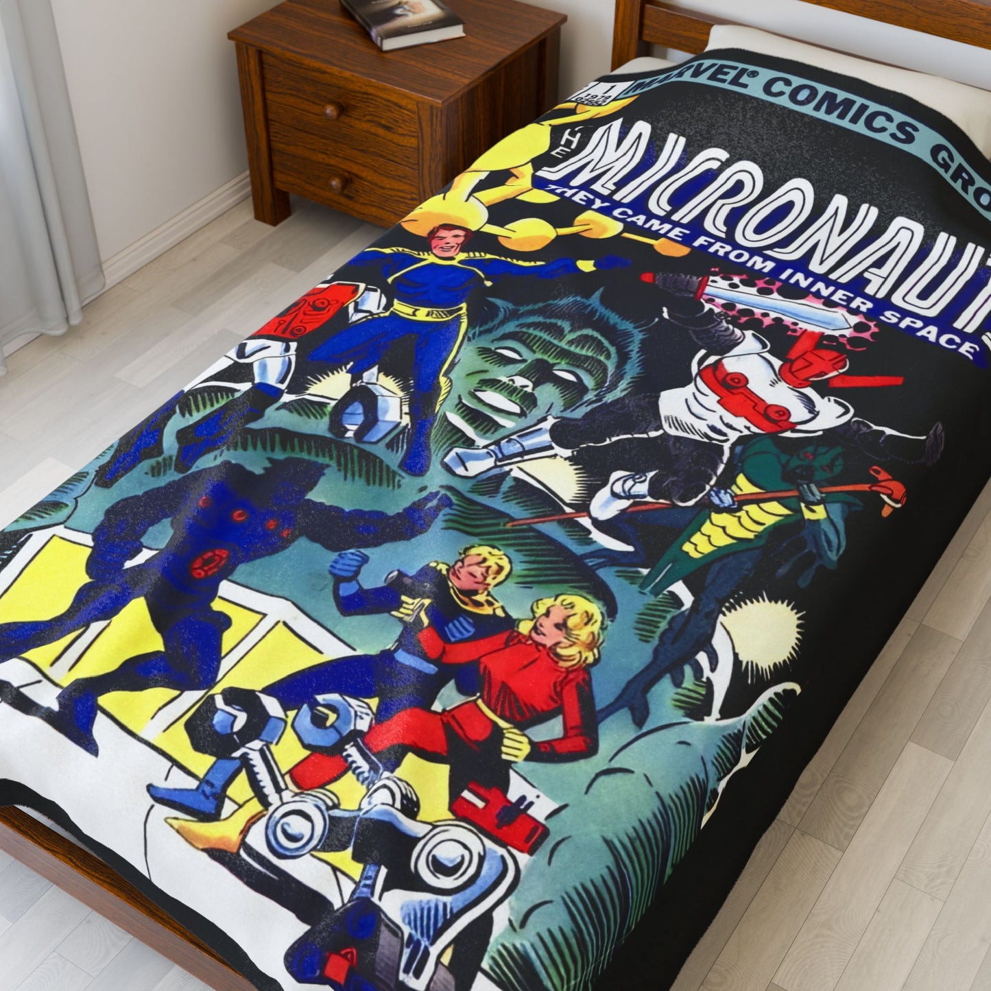 Micronauts Velveteen Plush Blanket 60x80" - Arcturus Rann, Biotron, Marionette, Microtron, Bug, Acroyear - Annual #1 Cover Art - Marvel Comics