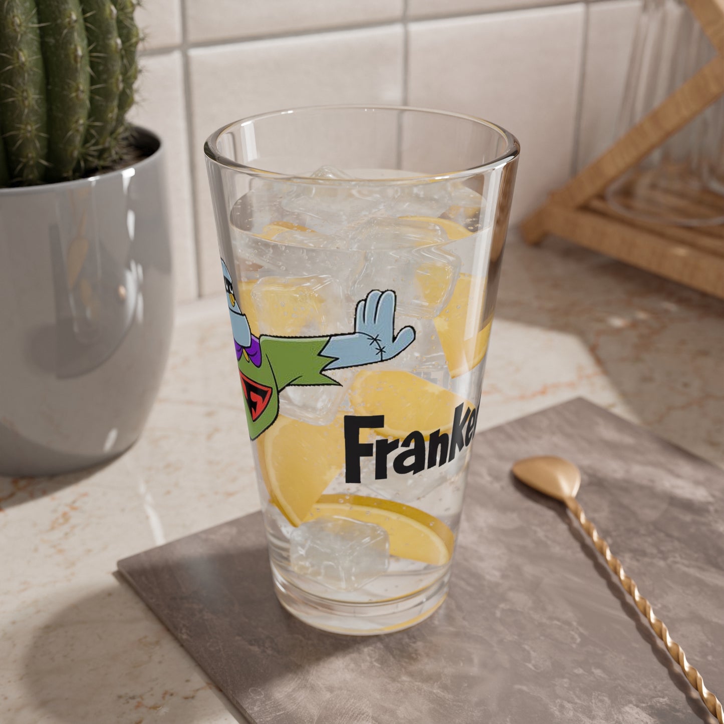 Frankenstein Jr Pint Glass, 16oz - Hanna-Barbera Cartoon - Buzz Conroy, Civic City - 1960s Saturday Morning Cartoon