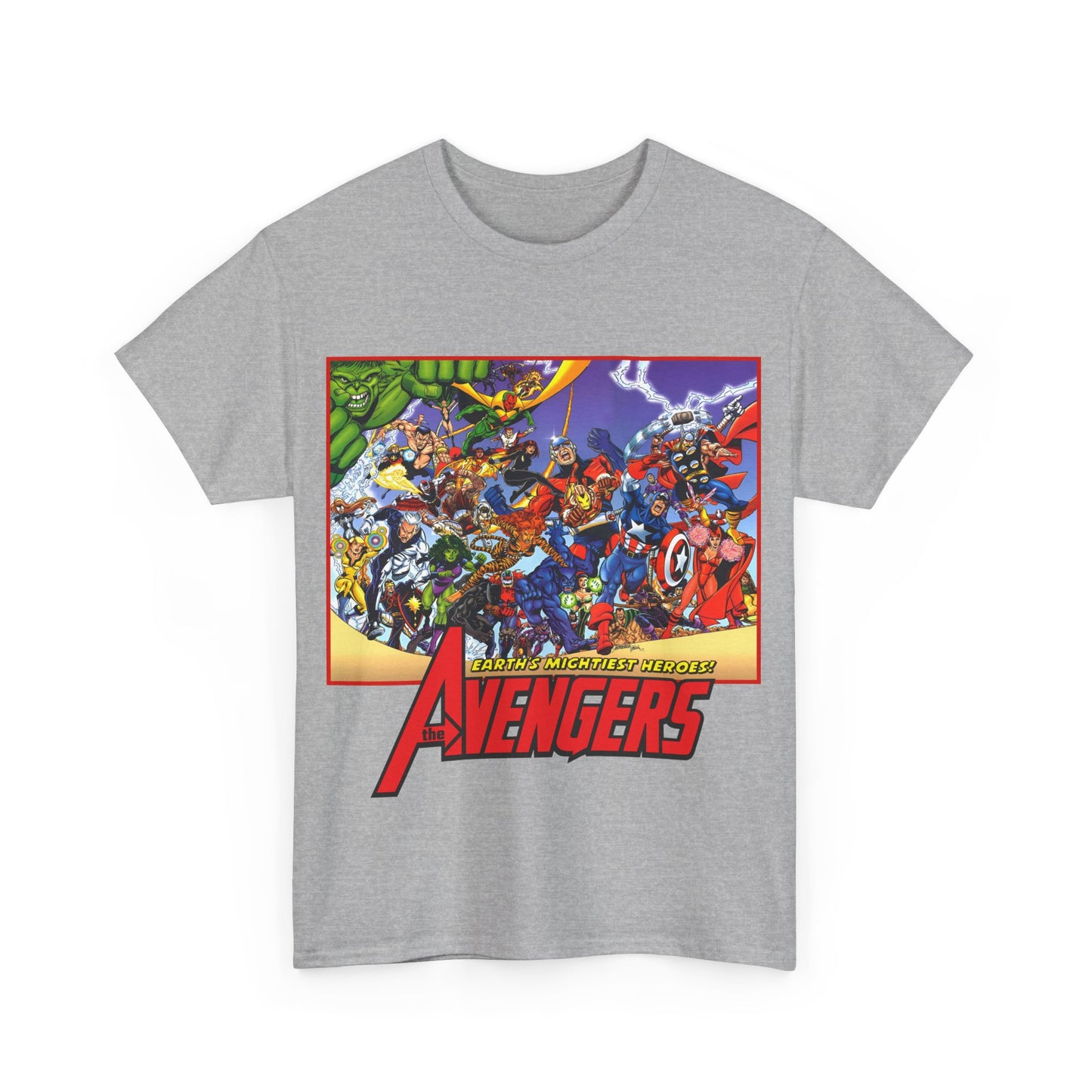 Avengers T-Shirt - George Perez Art - Marvel Comics - Captain America, Iron Man, Thor, She-Hulk, Hawkeye, Vision, Quicksilver - Classic Cover