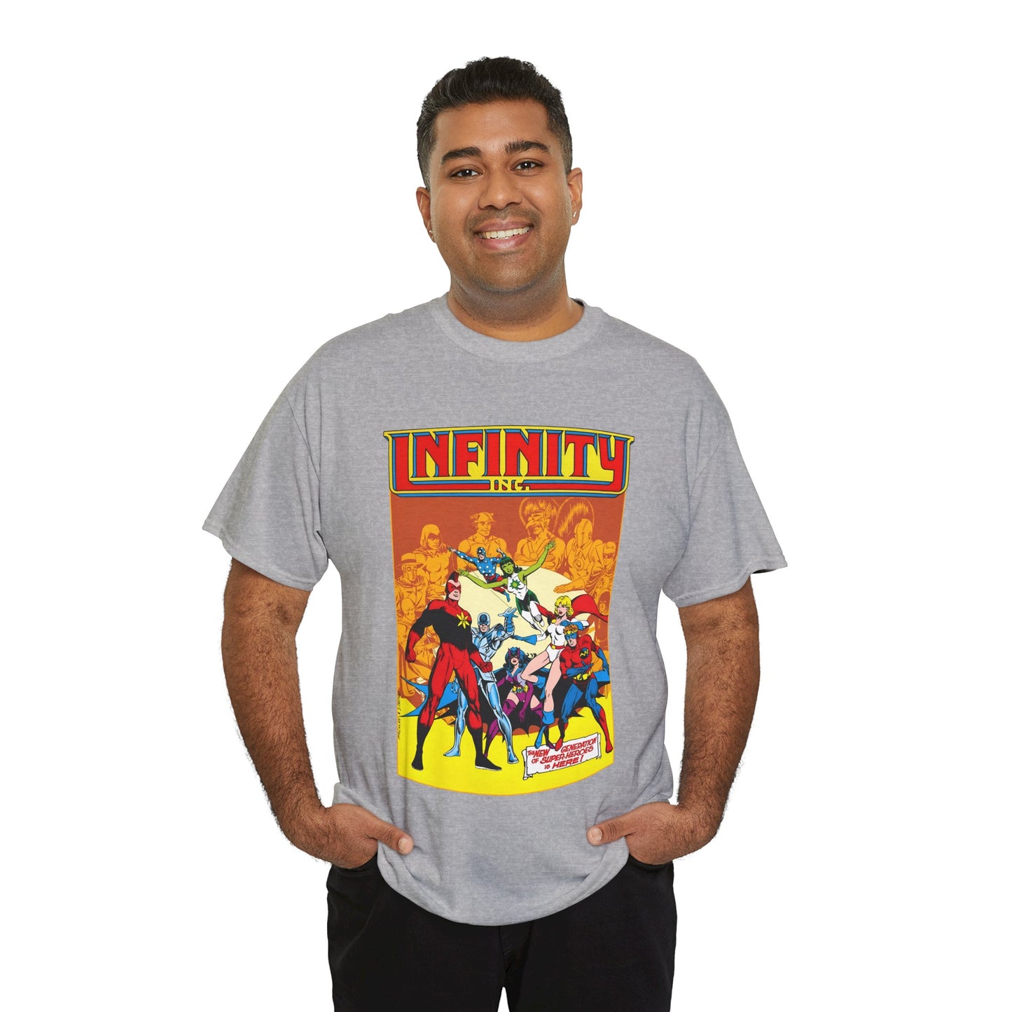 Infinity, Inc T-Shirt - Jerry Ordway Art - Silver Scarab, Huntress, Power Girl, Star-Spangled Kid, Fury, Jade - DC Comics - 1980s JSA Spin-Off Series