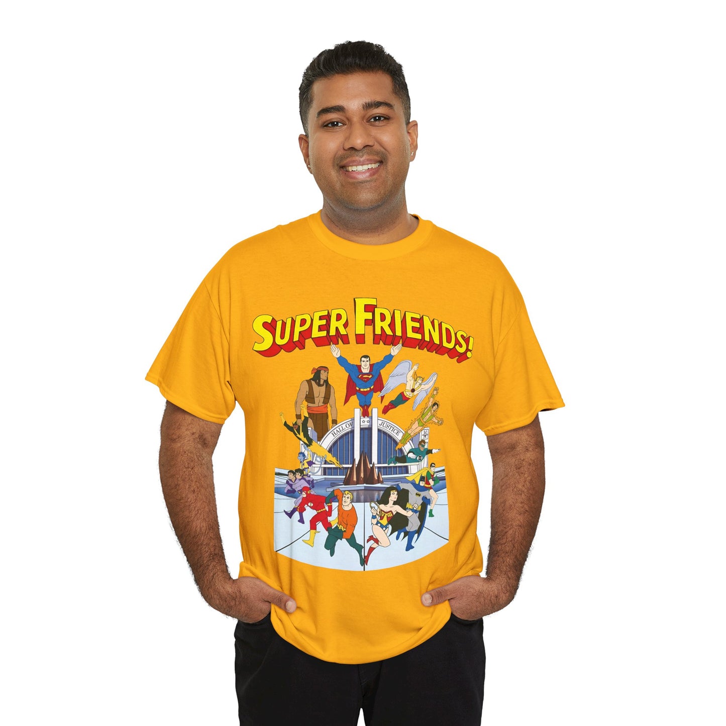 Super Friends T-Shirt - DC Hanna-Barbera - Superman, Wonder Woman, Black Vulcan, Batman, The Wonder Twins, Apache Chief, Hall of Justice