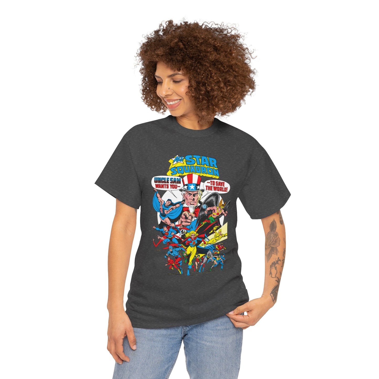 All-Star Squadron T-Shirt - Jerry Ordway Art - Uncle Sam, Hawkman, Superman, Liberty Belle, Black Condor, the Ray, Batman, Plastic Man - JSA Link - DC Comics