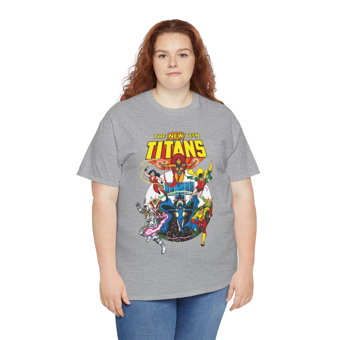 New Teen Titans T-Shirt - Classic George Perez Art - Cyborg, Raven, Starfire, Robin, Wonder Girl, Changeling, Kid Flash - Titans Tower - Popular DC Comics 1980s Series